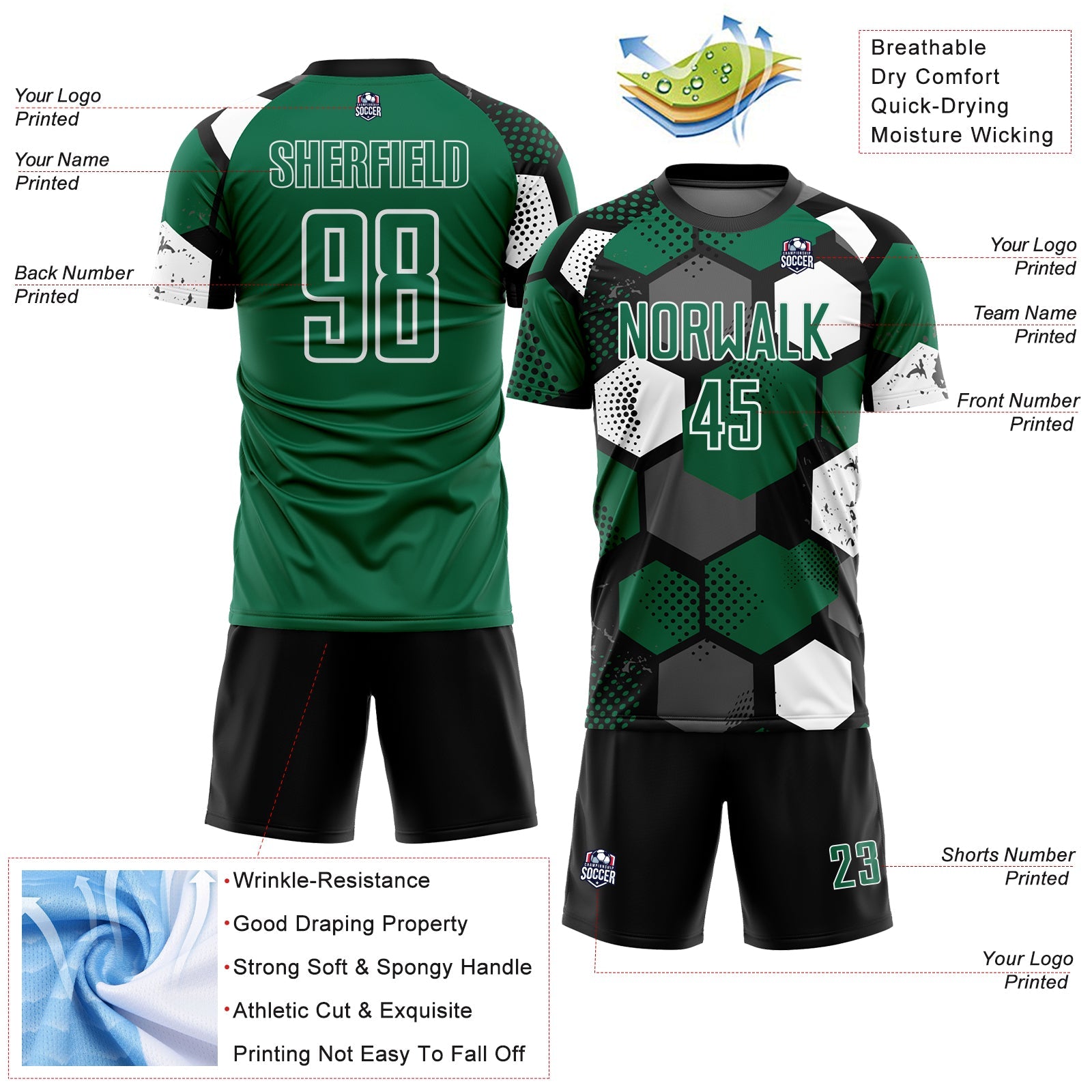 Custom Black Kelly Green-White Geometric Shape Sublimation Soccer Uniform Jersey