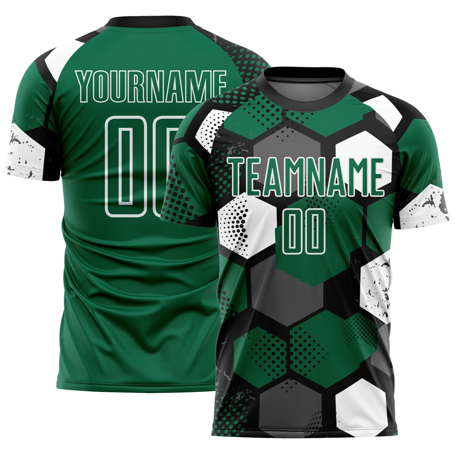 Custom Black Kelly Green-White Geometric Shape Sublimation Soccer Uniform Jersey