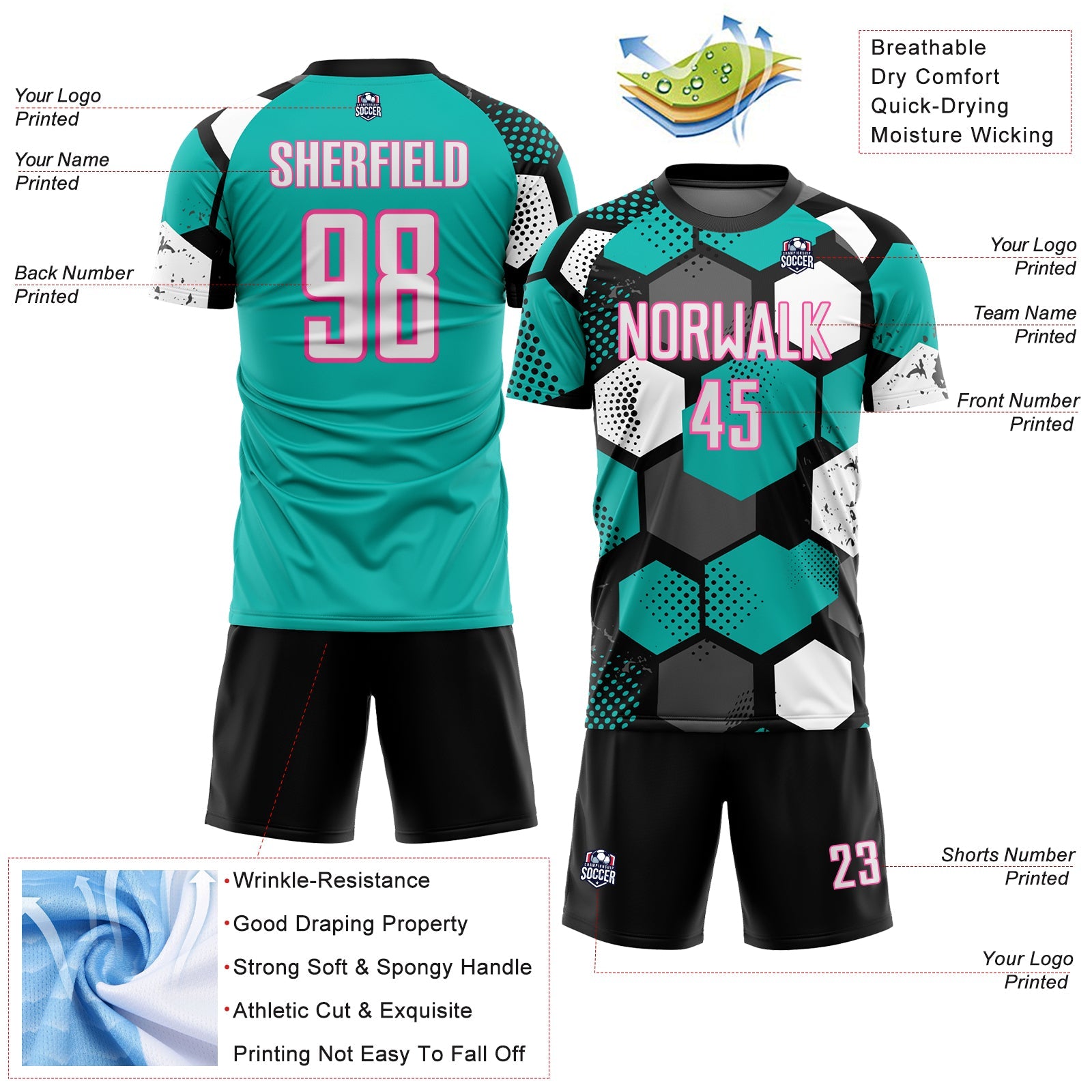 Custom Black White Aqua-Pink Geometric Shape Sublimation Soccer Uniform Jersey