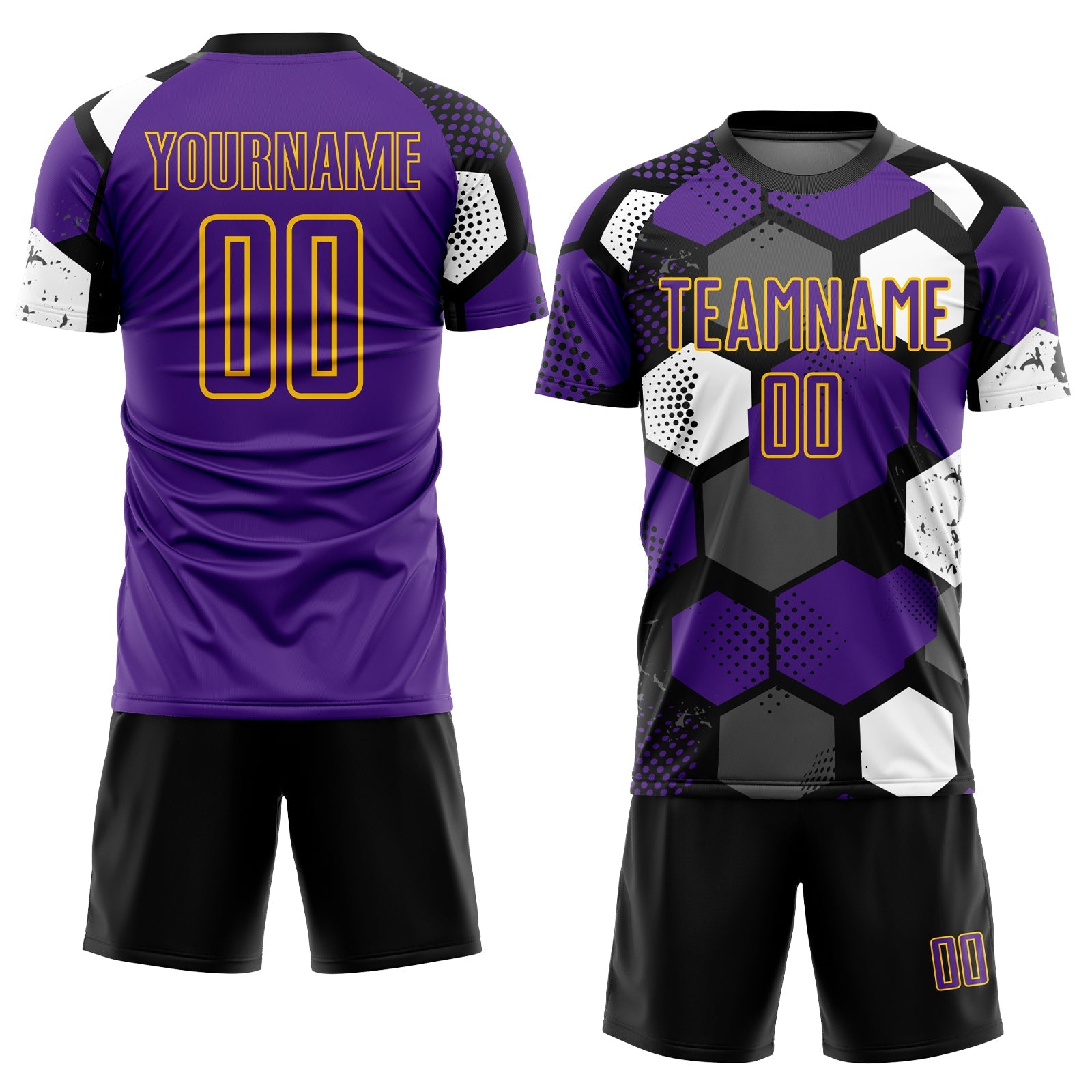 Custom Black Purple White-Yellow Geometric Shape Sublimation Soccer Uniform Jersey