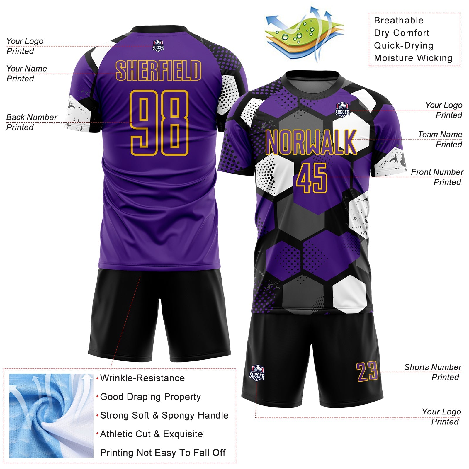 Custom Black Purple White-Yellow Geometric Shape Sublimation Soccer Uniform Jersey