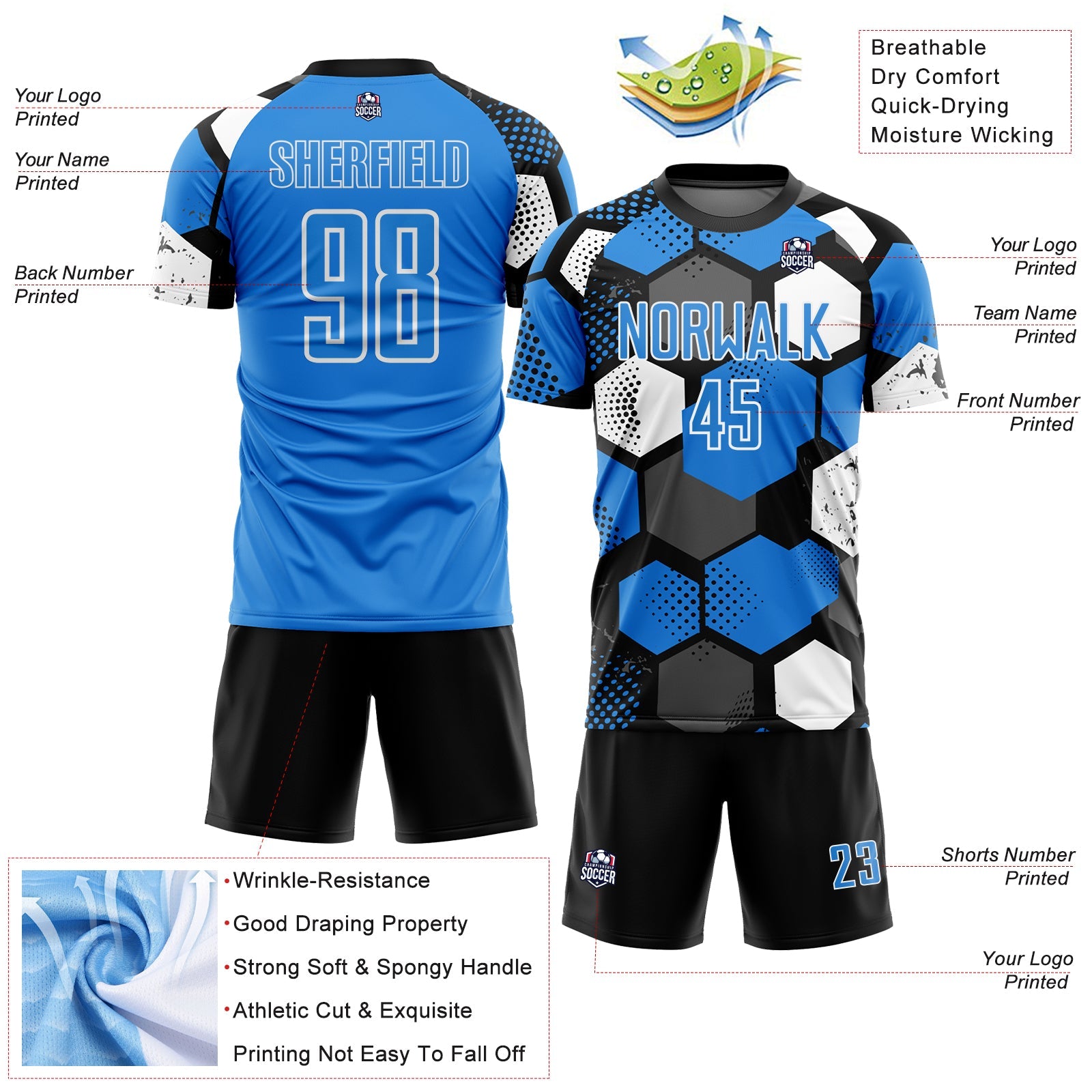 Custom Black Powder Blue-White Geometric Shape Sublimation Soccer Uniform Jersey