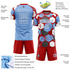 Custom Red Light Blue-White Geometric Shape Sublimation Soccer Uniform Jersey