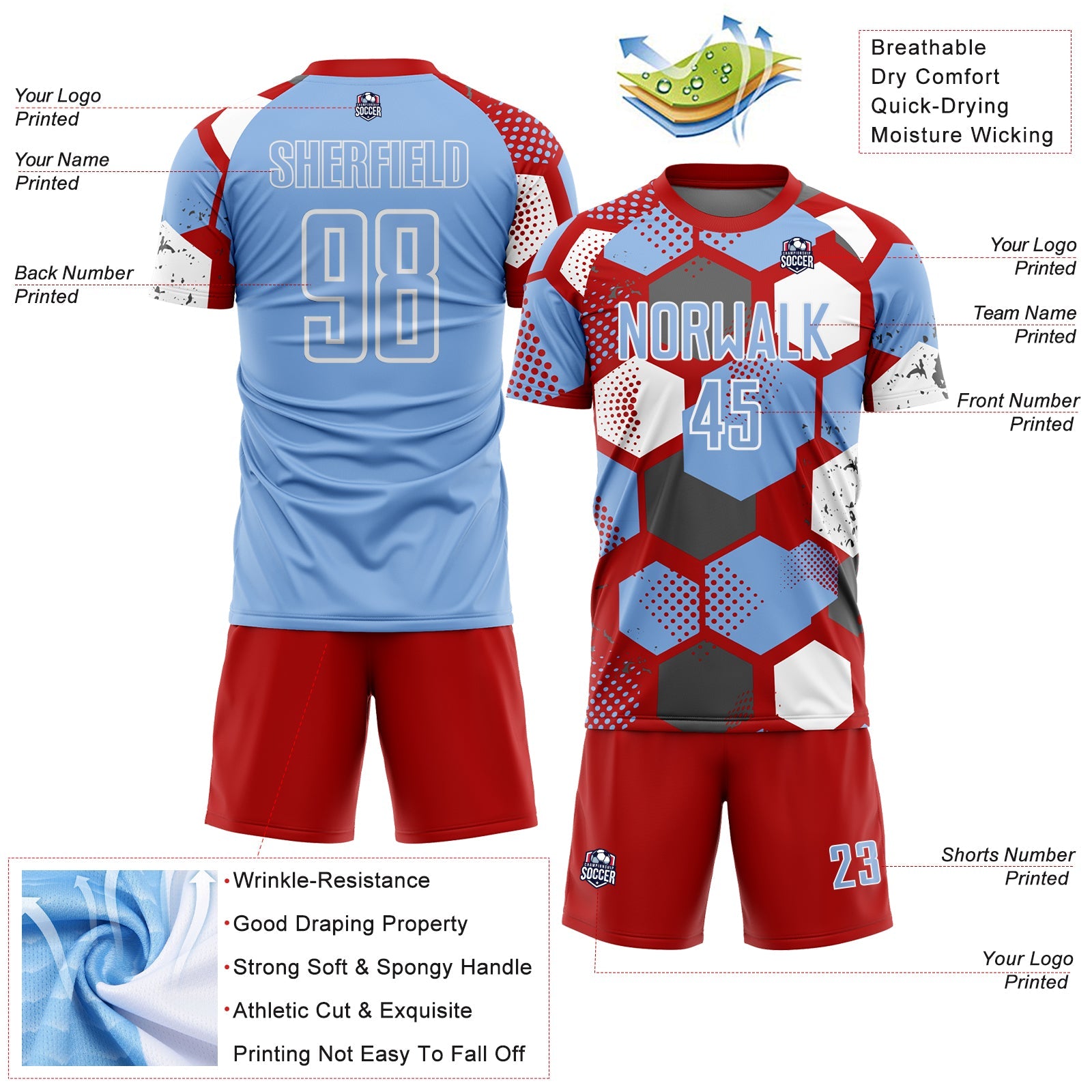Custom Red Light Blue-White Geometric Shape Sublimation Soccer Uniform Jersey