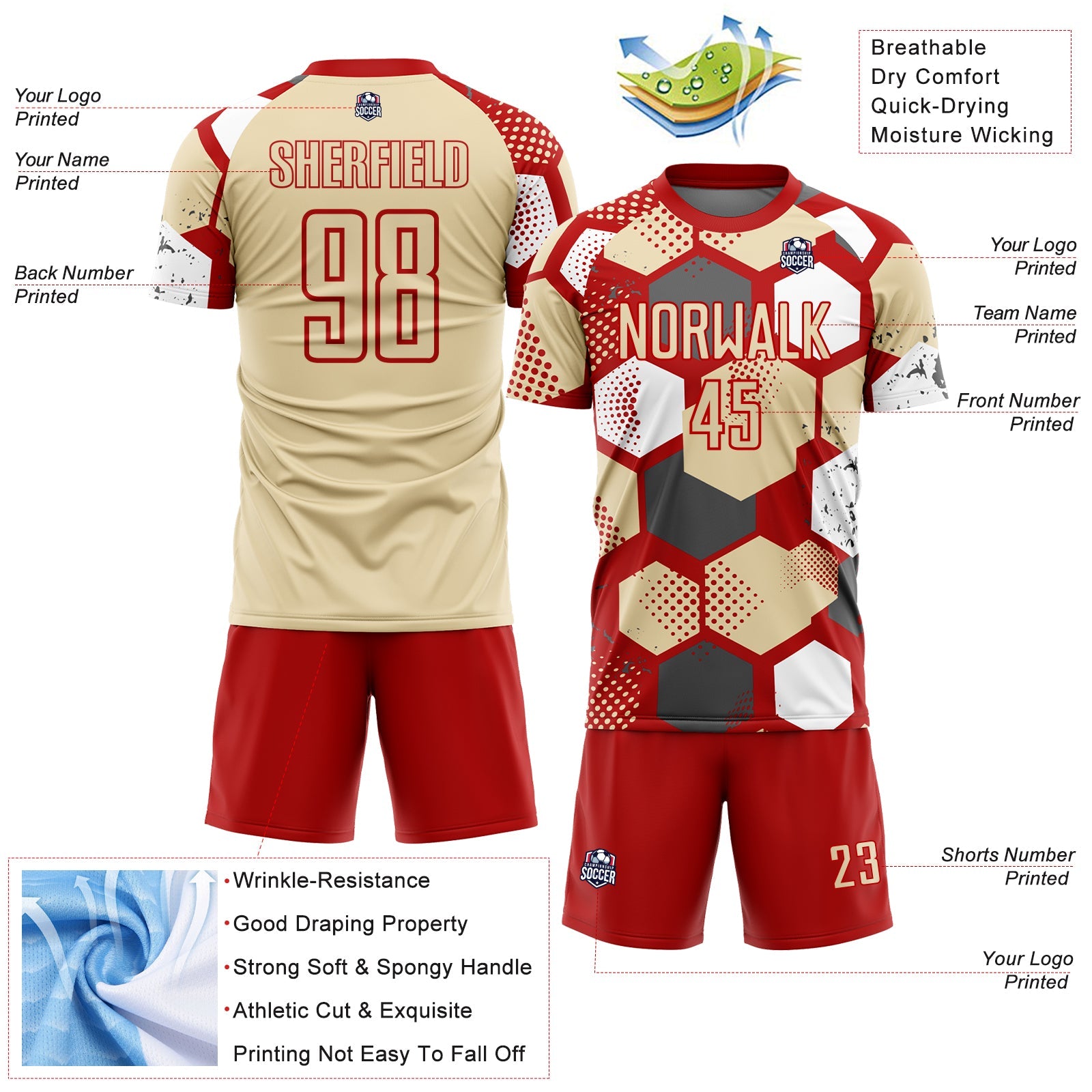 Custom Red Cream-White Geometric Shape Sublimation Soccer Uniform Jersey