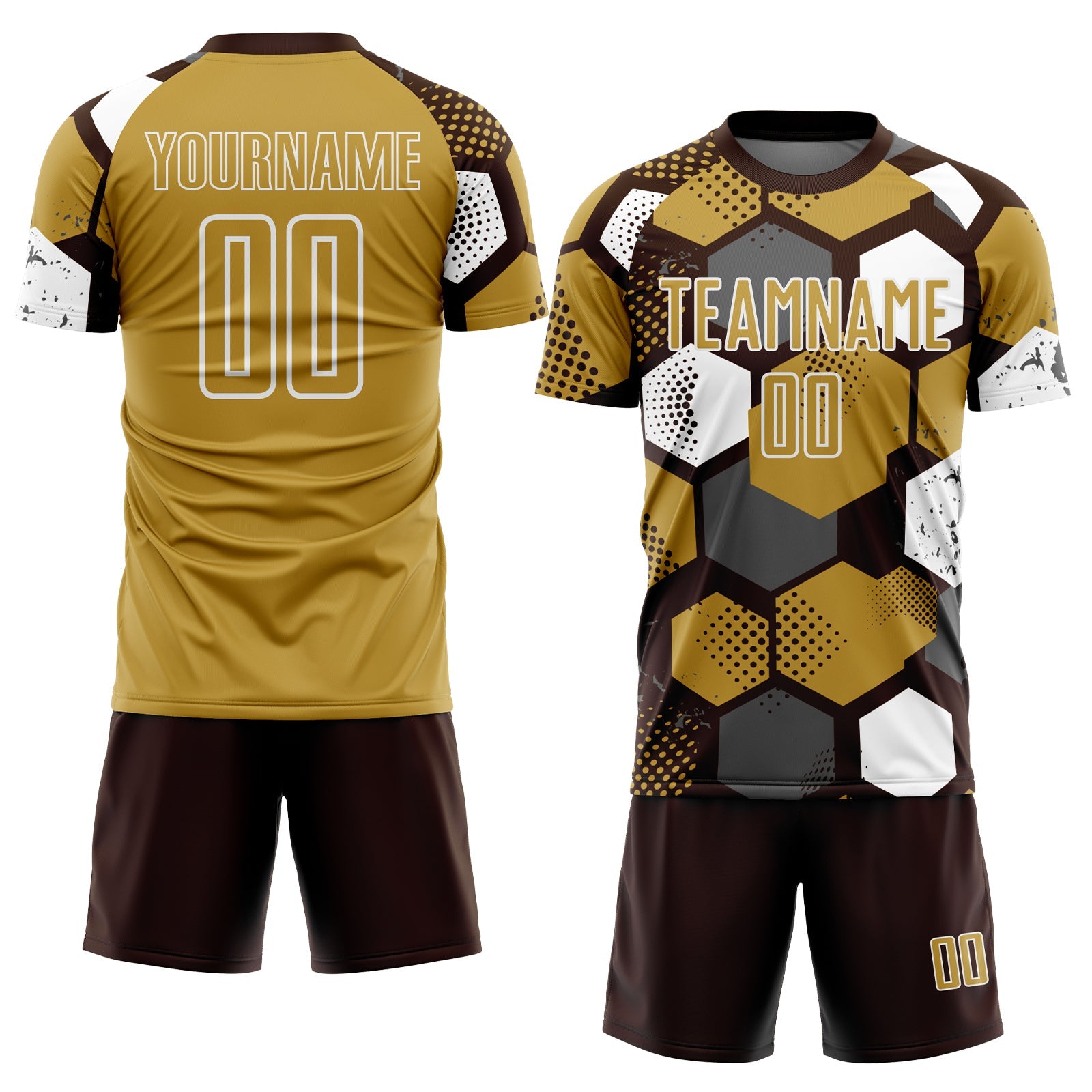 Custom Brown Old Gold-White Geometric Shape Sublimation Soccer Uniform Jersey