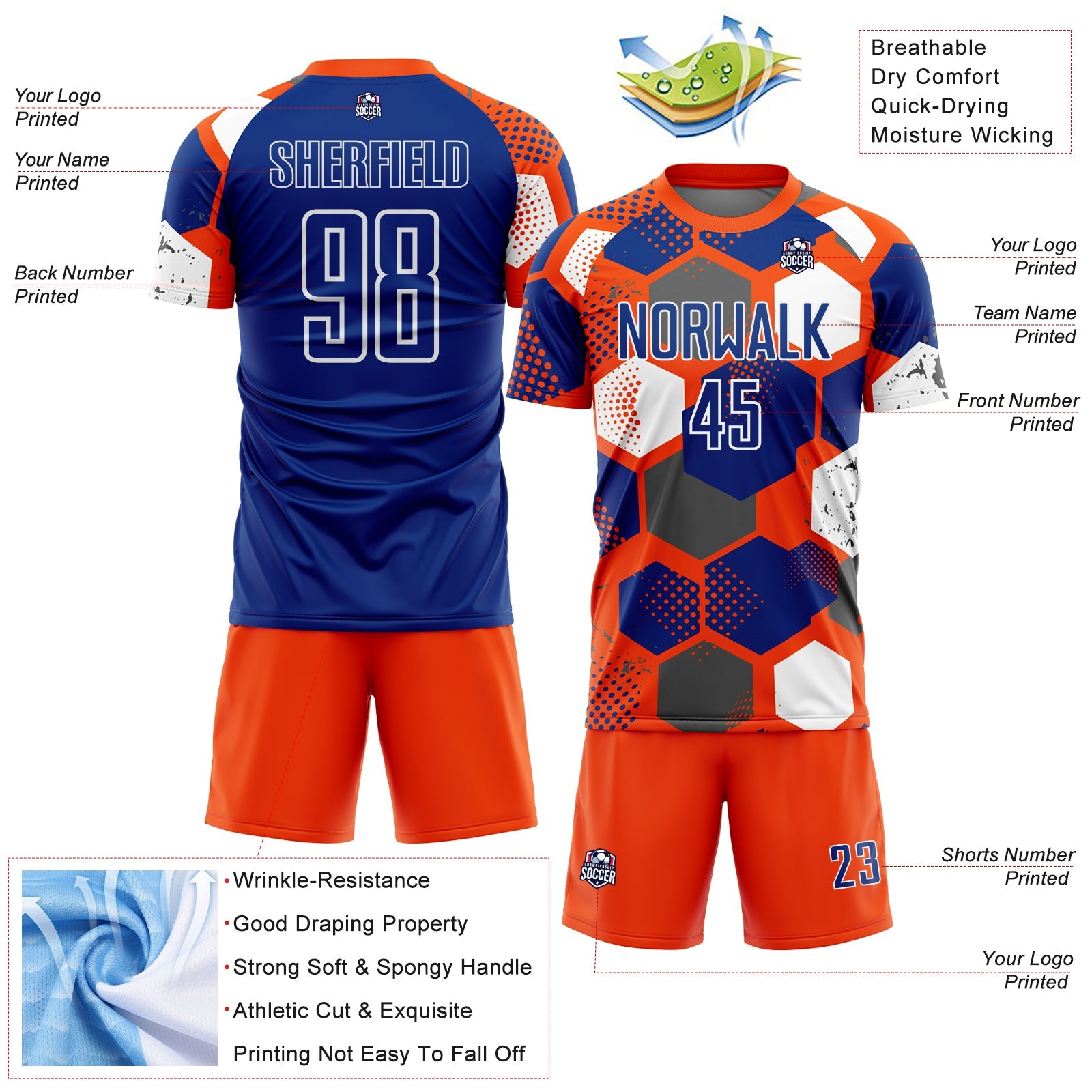 Custom Orange Royal-White Geometric Shape Sublimation Soccer Uniform Jersey