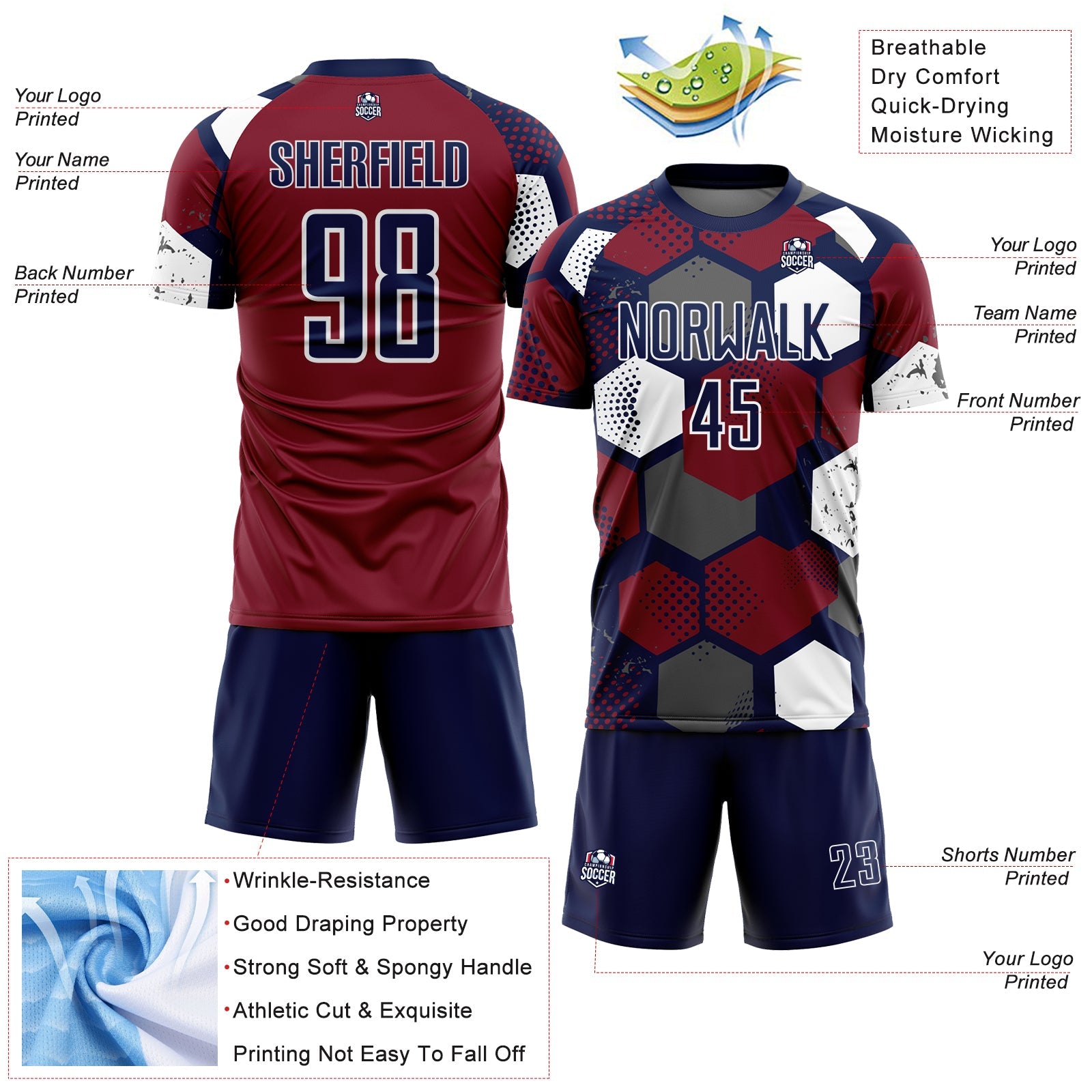 Custom Navy Crimson-White Geometric Shape Sublimation Soccer Uniform Jersey