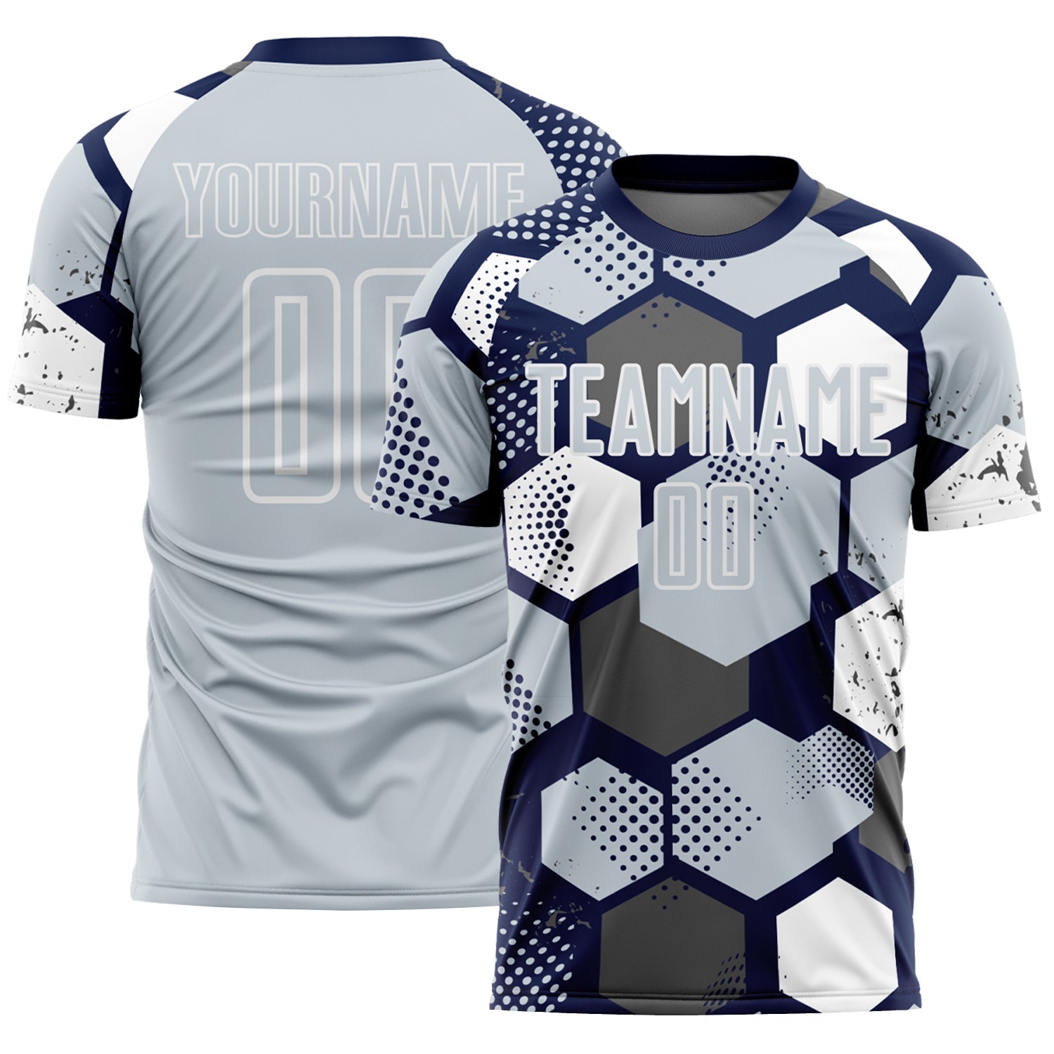 Custom Navy Silver-White Geometric Shape Sublimation Soccer Uniform Jersey