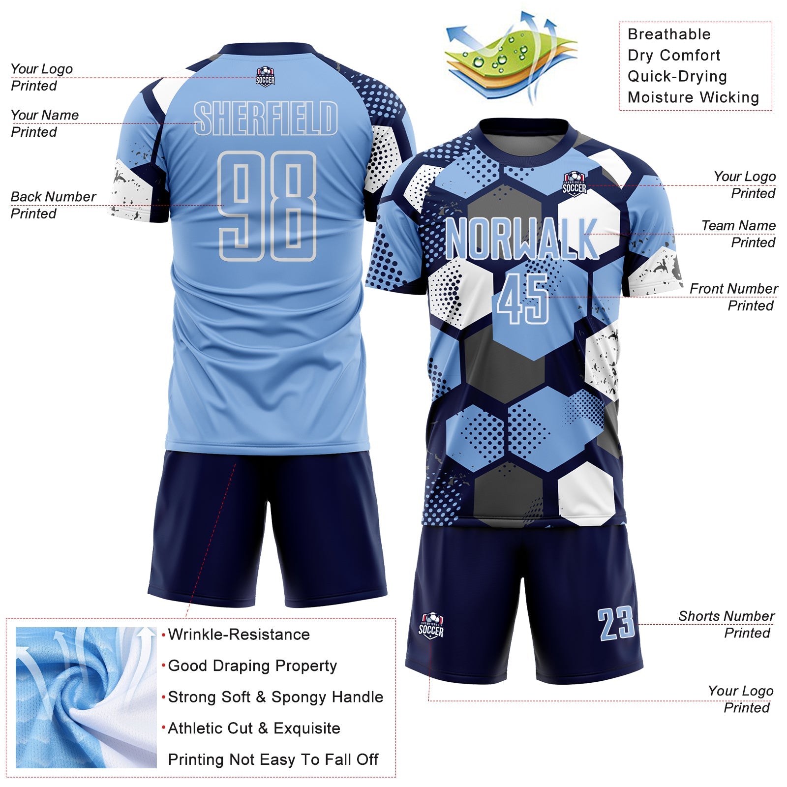 Custom Navy Light Blue-White Geometric Shape Sublimation Soccer Uniform Jersey