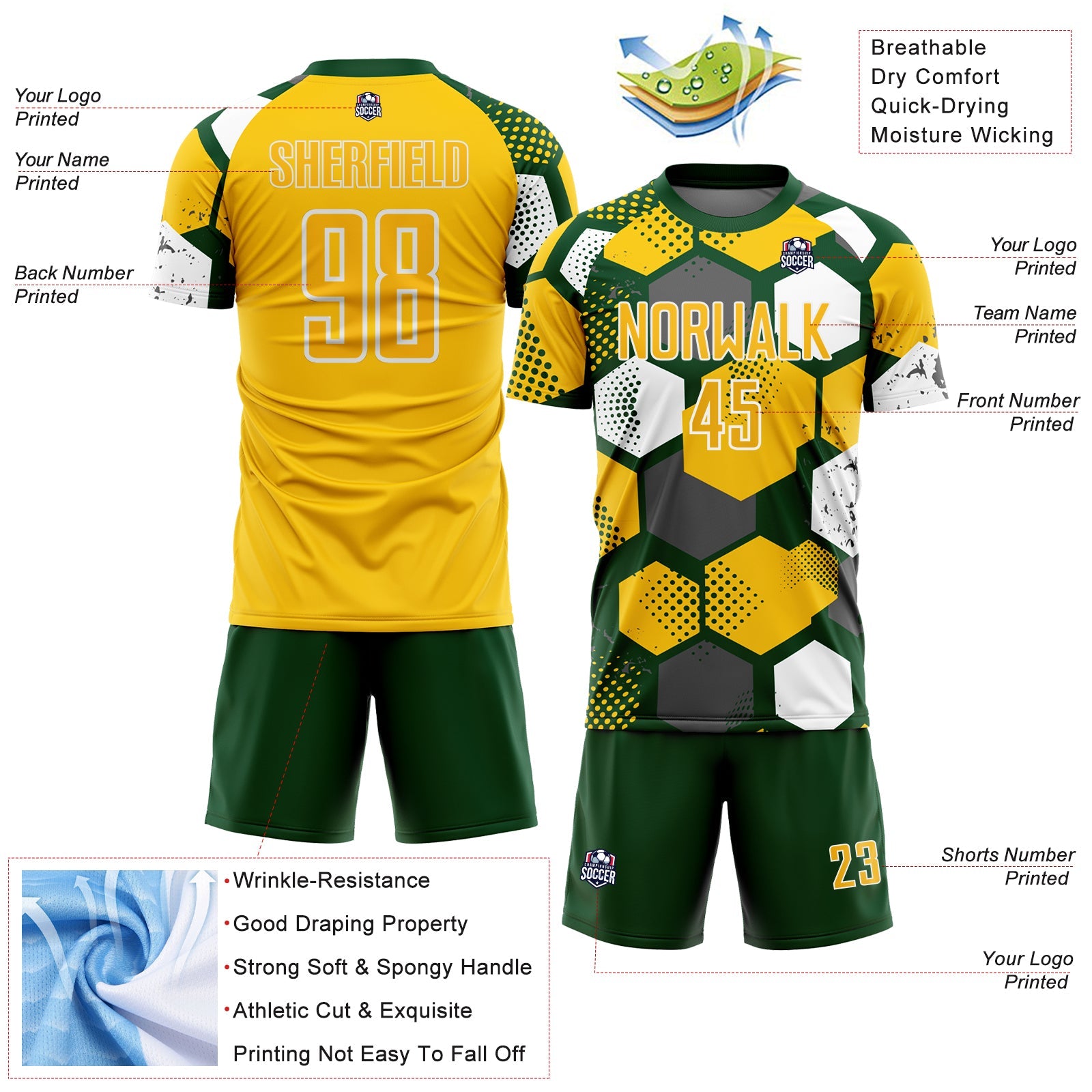 Custom Green Yellow-White Geometric Shape Sublimation Soccer Uniform Jersey