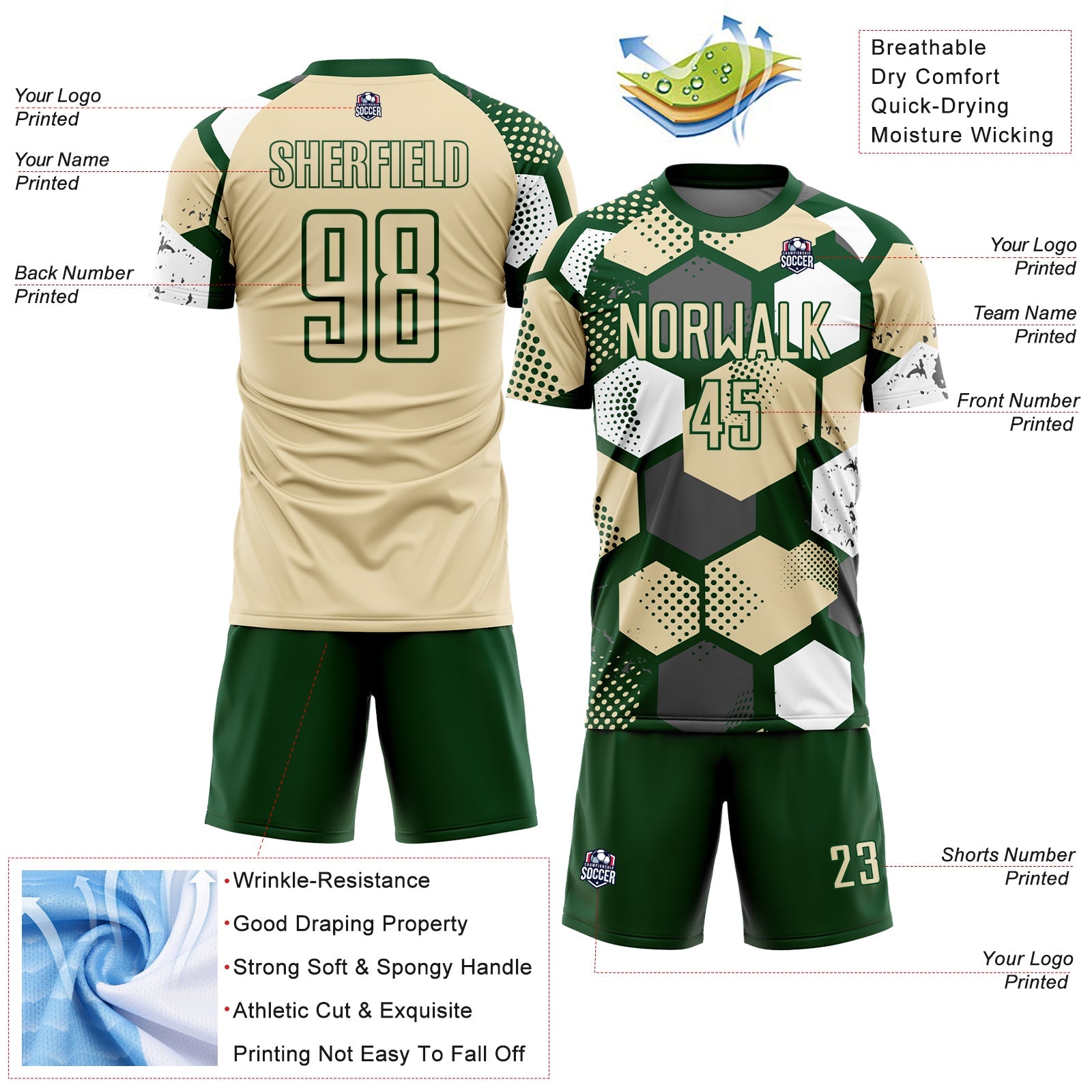 Custom Green Cream-White Geometric Shape Sublimation Soccer Uniform Jersey