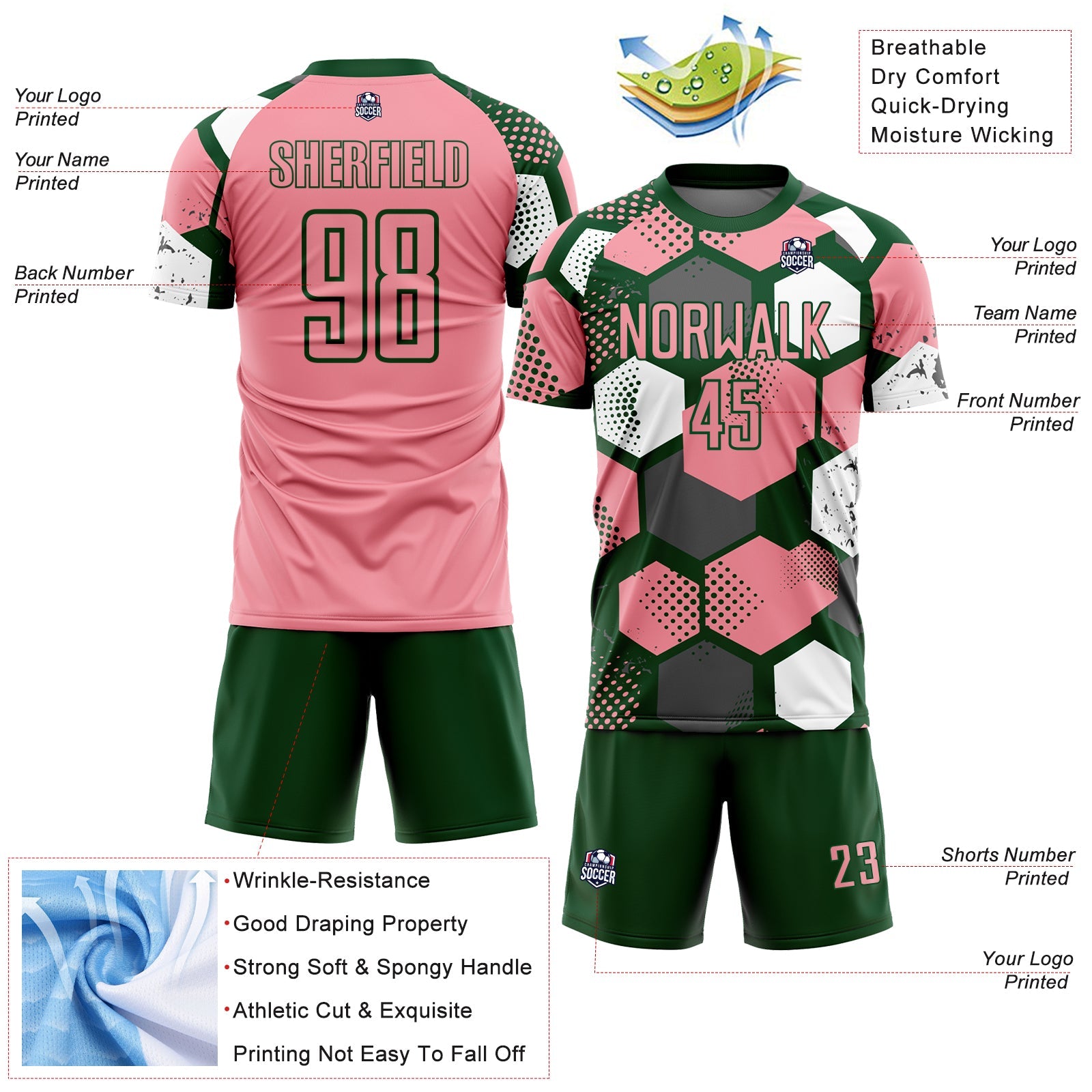 Custom Green Medium Pink-White Geometric Shape Sublimation Soccer Uniform Jersey