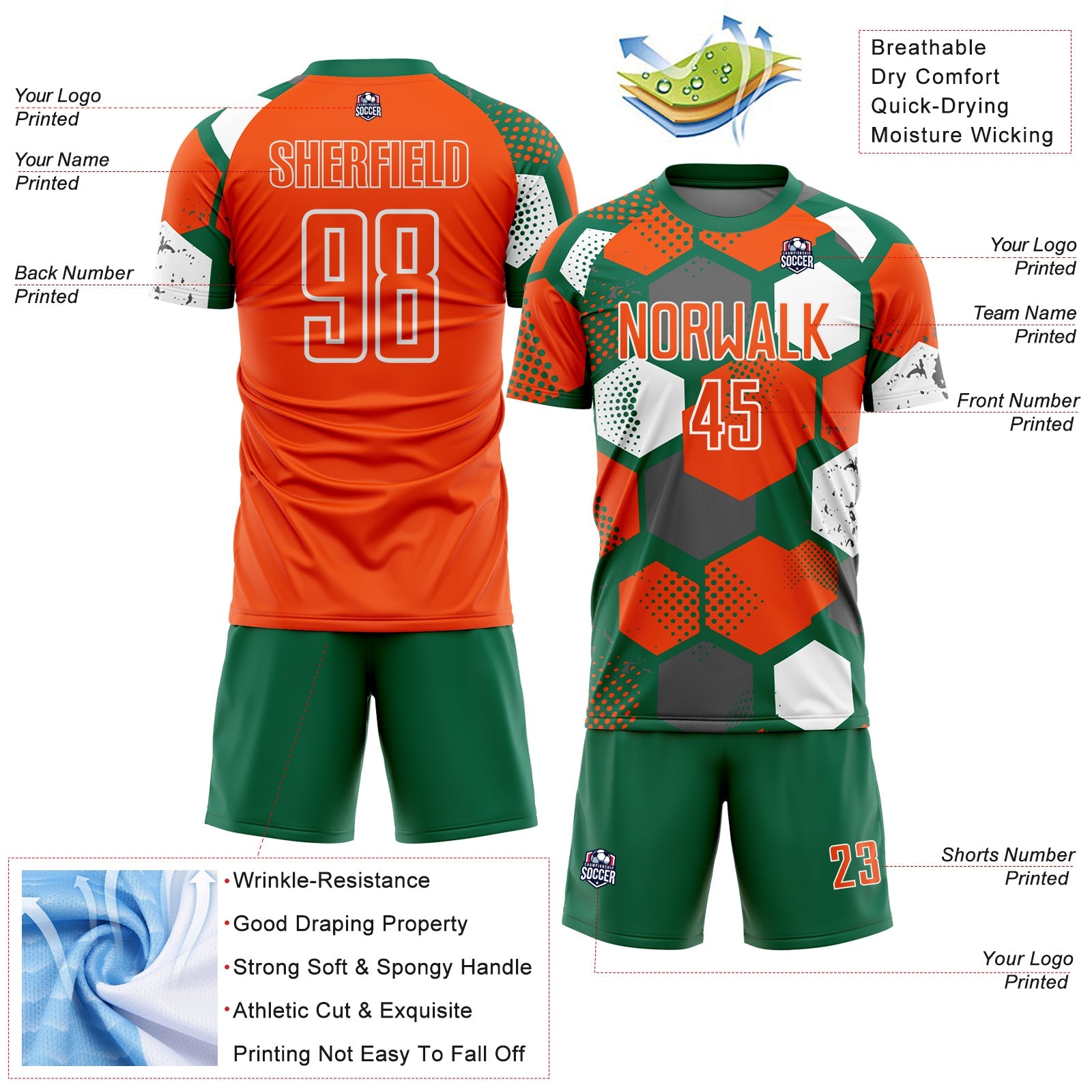 Custom Kelly Green Orange-White Geometric Shape Sublimation Soccer Uniform Jersey