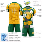 Custom Kelly Green Gold-White Geometric Shape Sublimation Soccer Uniform Jersey