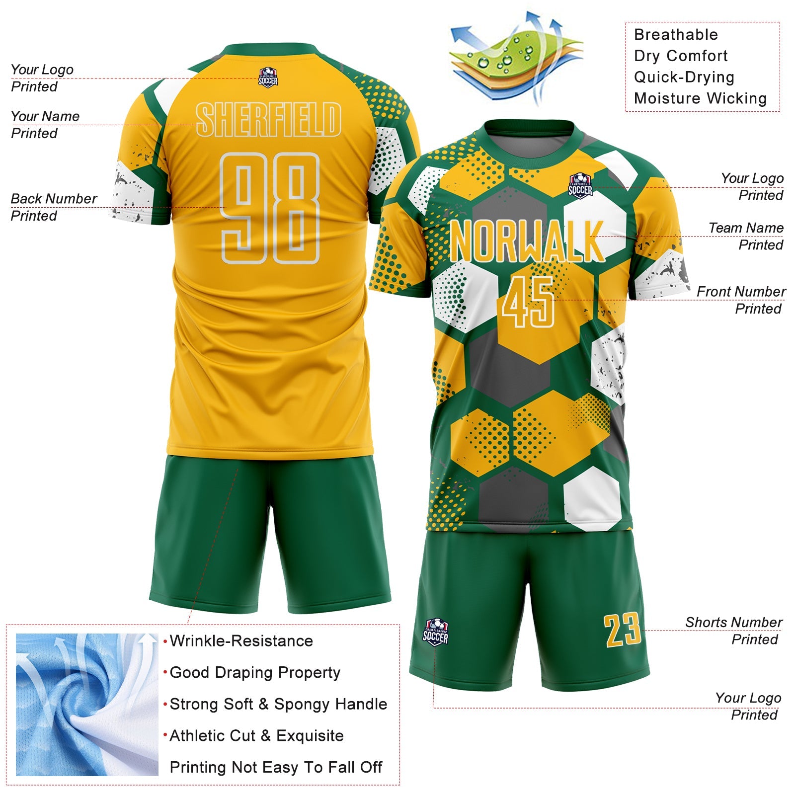 Custom Kelly Green Gold-White Geometric Shape Sublimation Soccer Uniform Jersey