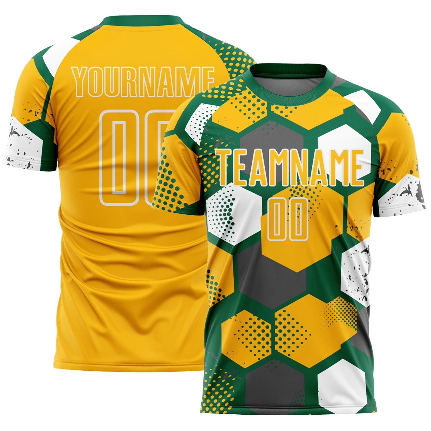 Custom Kelly Green Gold-White Geometric Shape Sublimation Soccer Uniform Jersey
