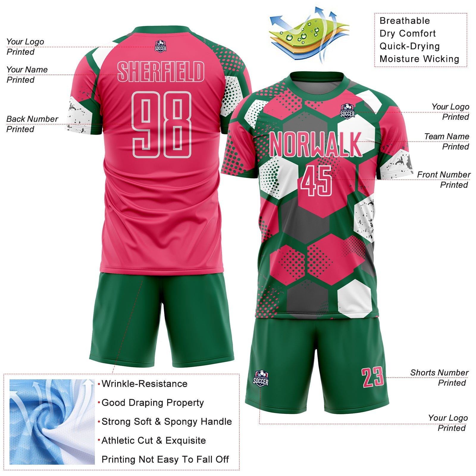 Custom Kelly Green Neon Pink-White Geometric Shape Sublimation Soccer Uniform Jersey