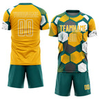 Custom Teal Gold-White Geometric Shape Sublimation Soccer Uniform Jersey