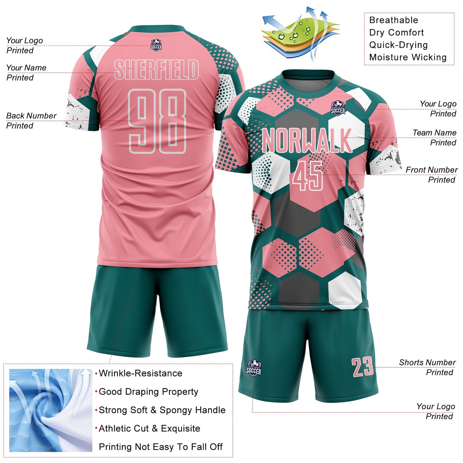 Custom Teal Medium Pink-White Geometric Shape Sublimation Soccer Uniform Jersey