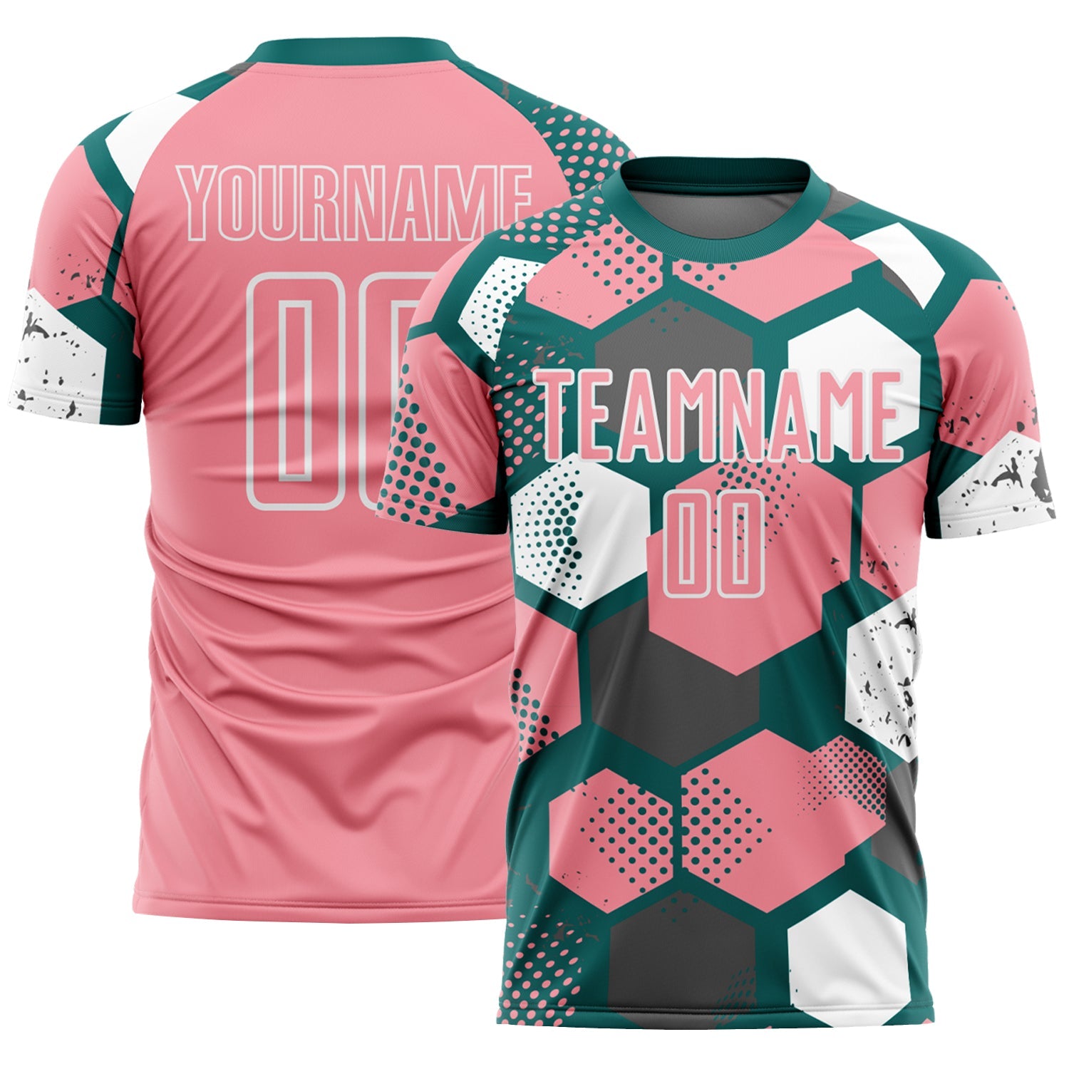 Custom Teal Medium Pink-White Geometric Shape Sublimation Soccer Uniform Jersey