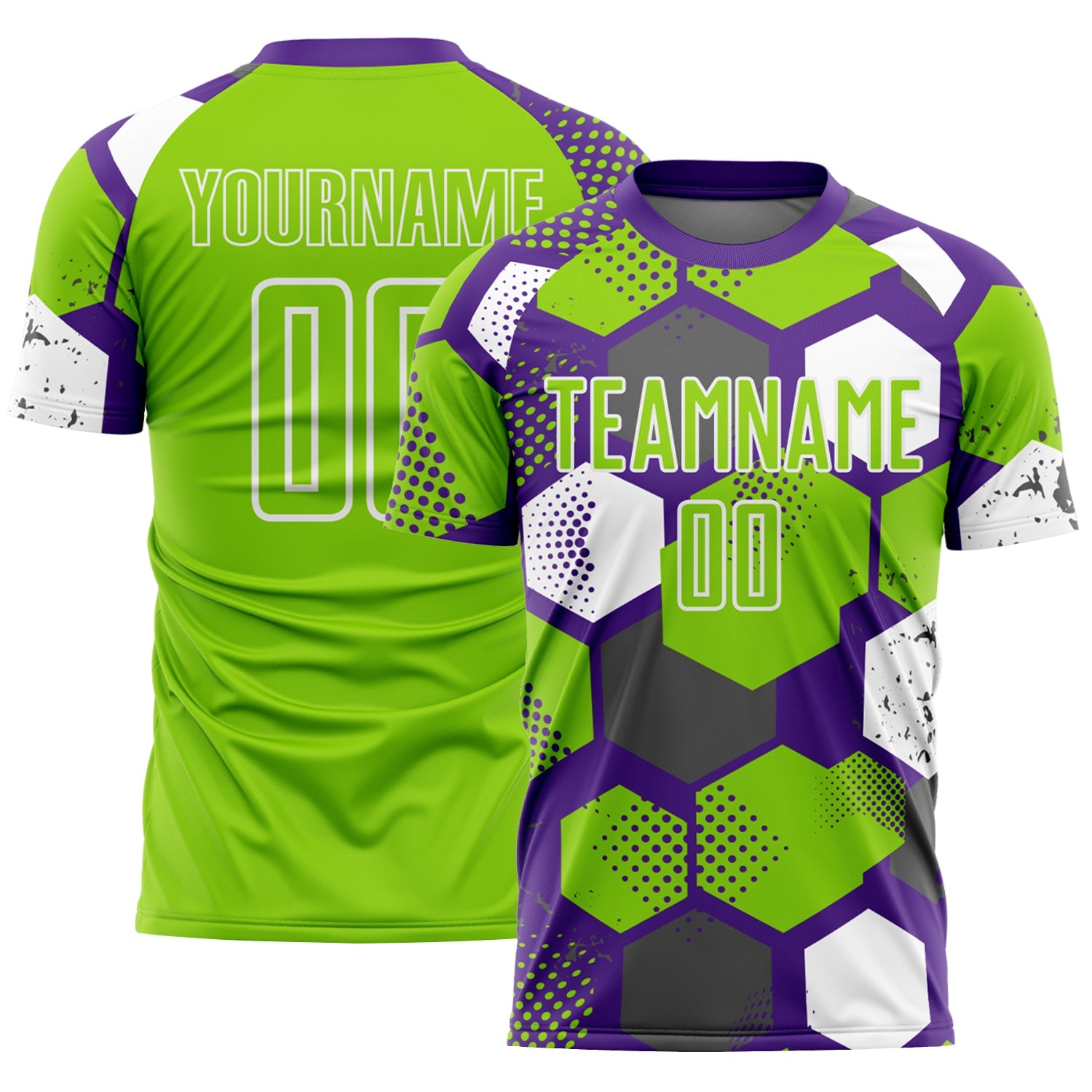 Custom Purple Neon Green-White Geometric Shape Sublimation Soccer Uniform Jersey