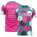 Custom Aqua Pink-White Geometric Shape Sublimation Soccer Uniform Jersey