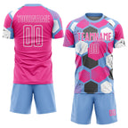 Custom Light Blue Pink-White Geometric Shape Sublimation Soccer Uniform Jersey