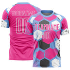 Custom Light Blue Pink-White Geometric Shape Sublimation Soccer Uniform Jersey