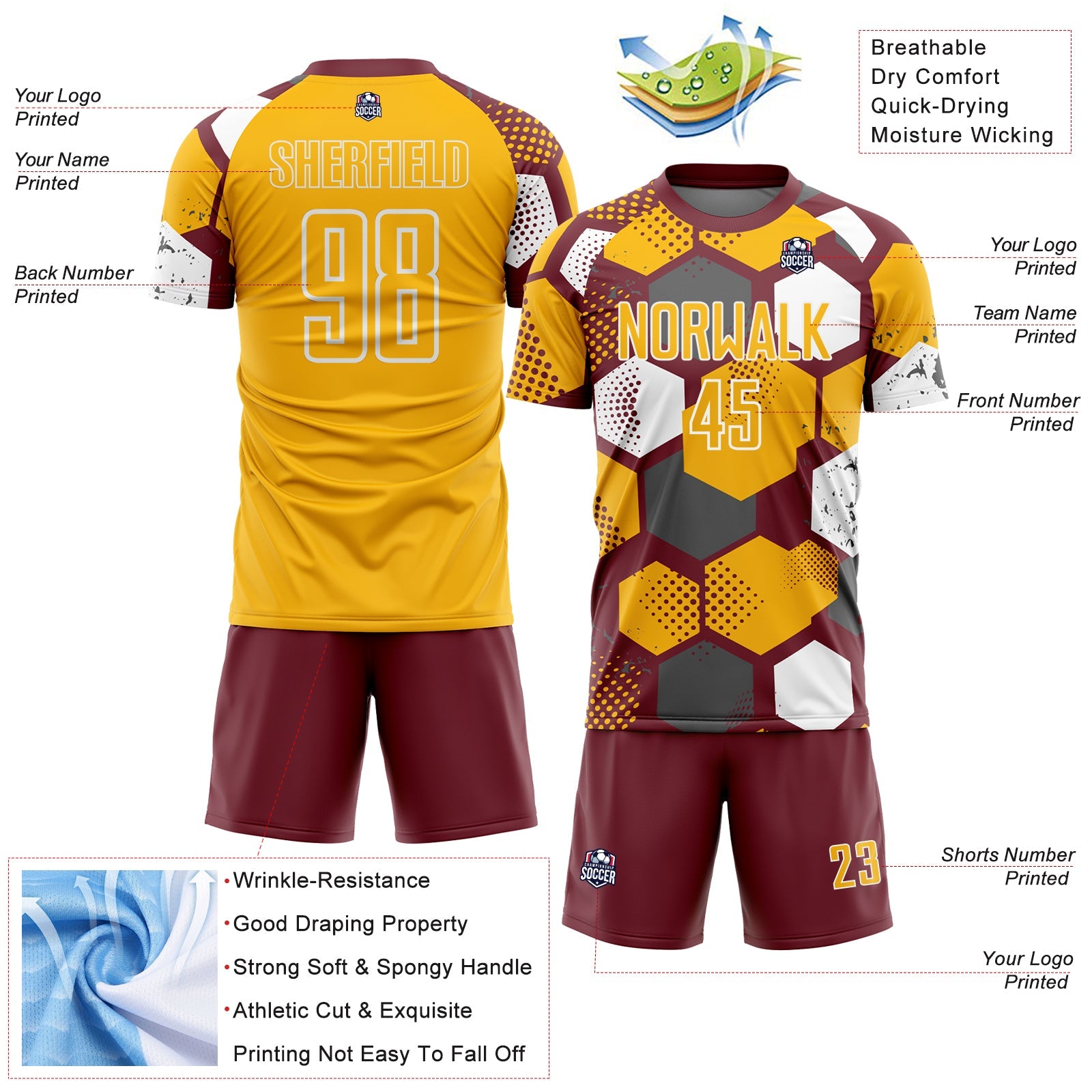 Custom Burgundy Gold-White Geometric Shape Sublimation Soccer Uniform Jersey