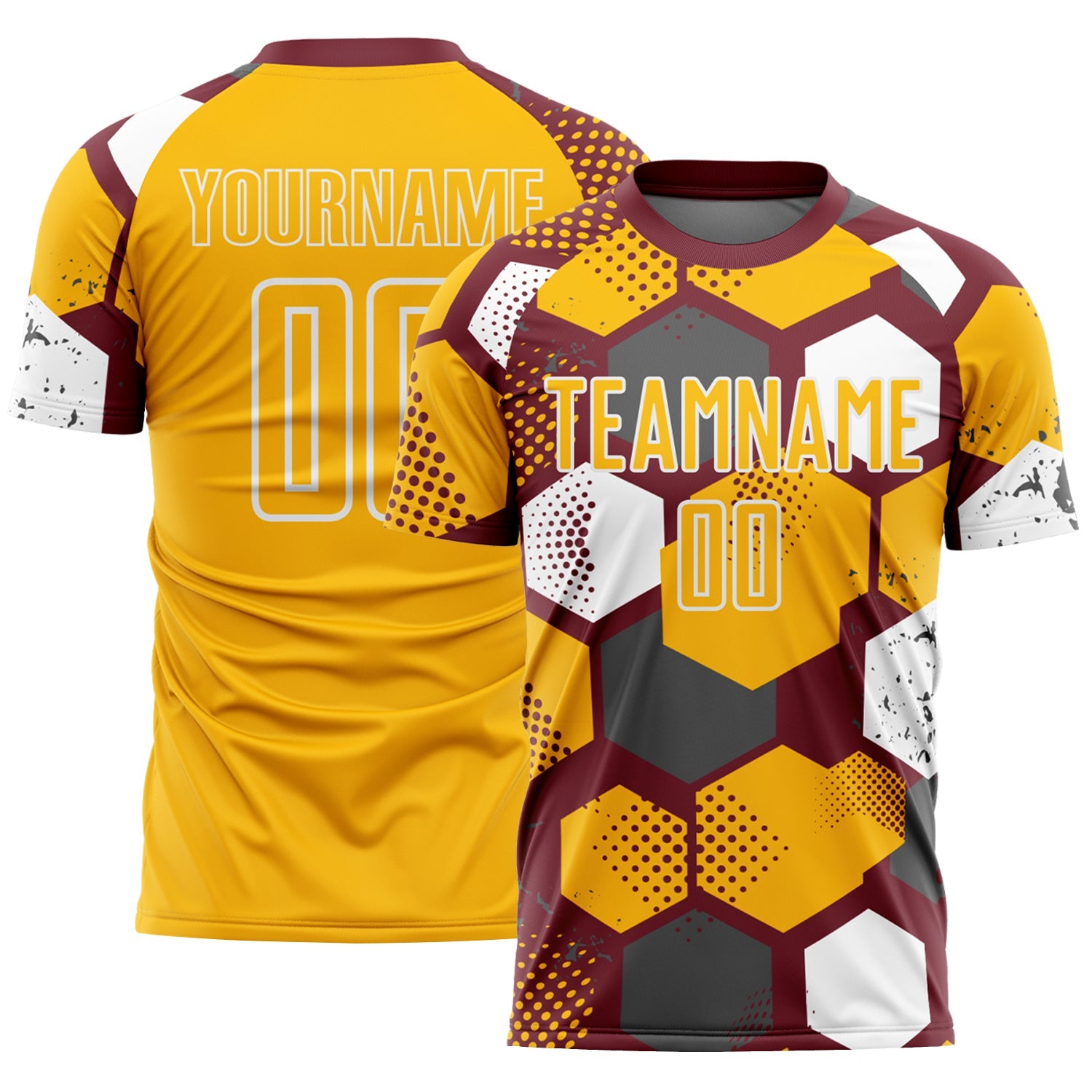 Custom Burgundy Gold-White Geometric Shape Sublimation Soccer Uniform Jersey