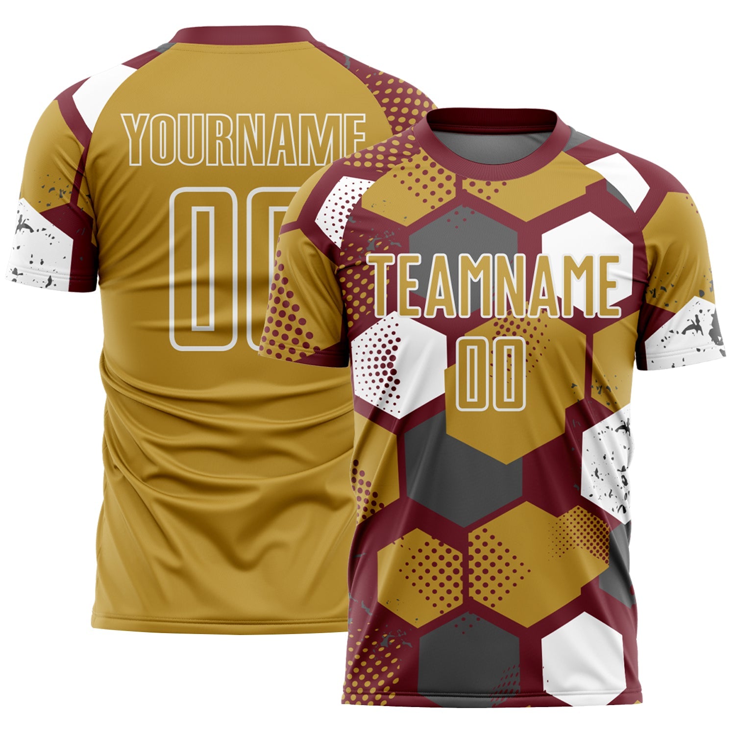 Custom Burgundy Old Gold-White Geometric Shape Sublimation Soccer Uniform Jersey