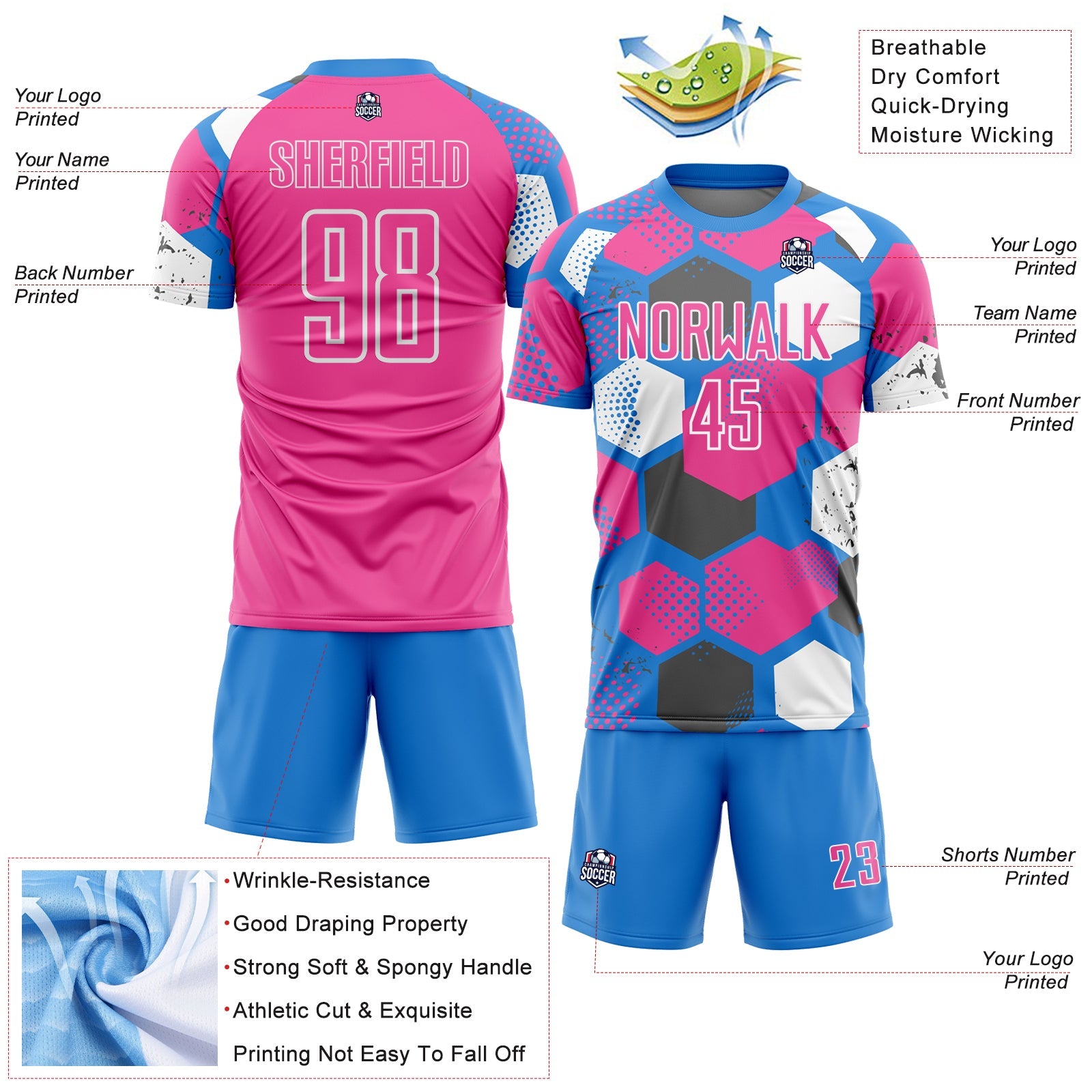Custom Powder Blue Pink-White Geometric Shape Sublimation Soccer Uniform Jersey
