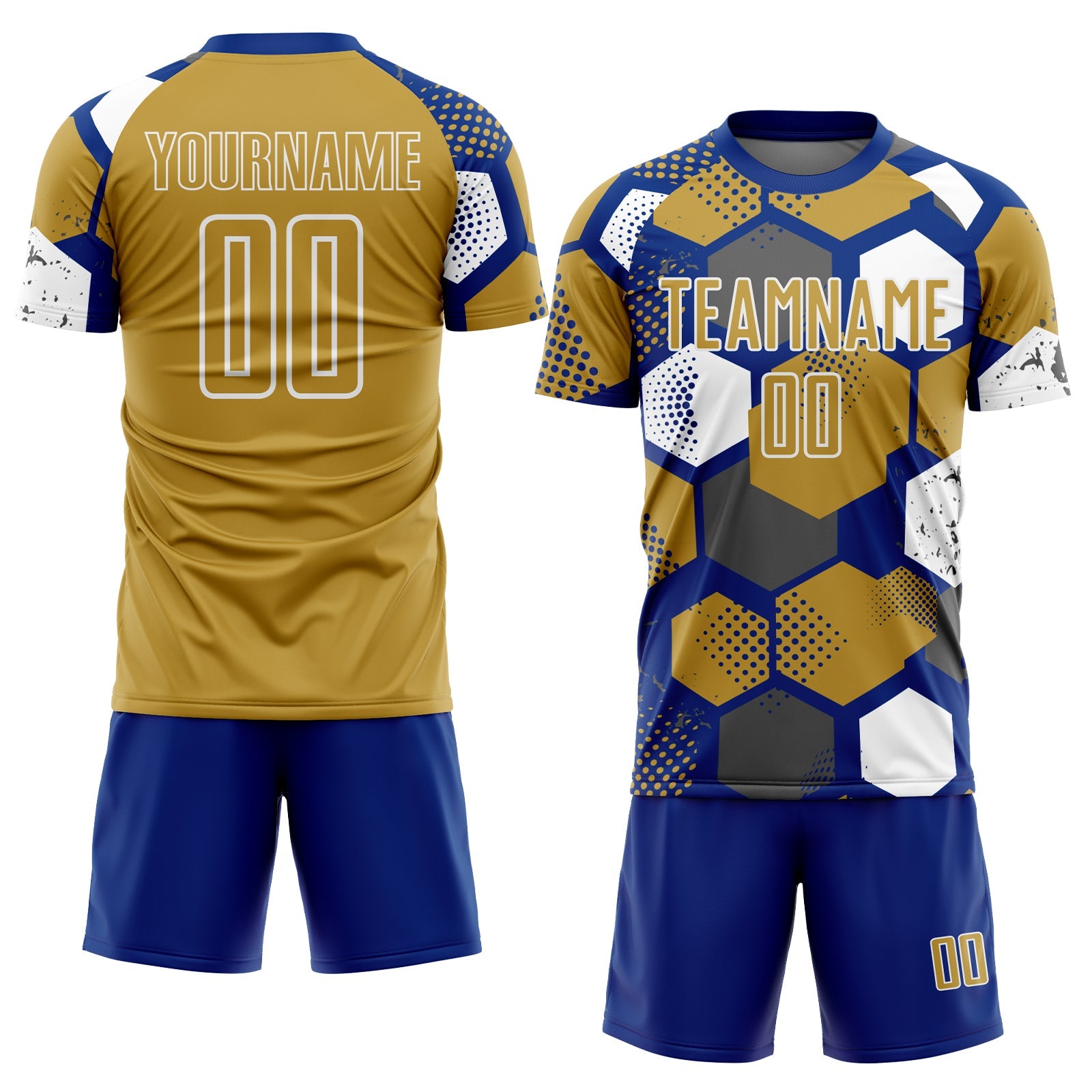 Custom Royal Old Gold-White Geometric Shape Sublimation Soccer Uniform Jersey