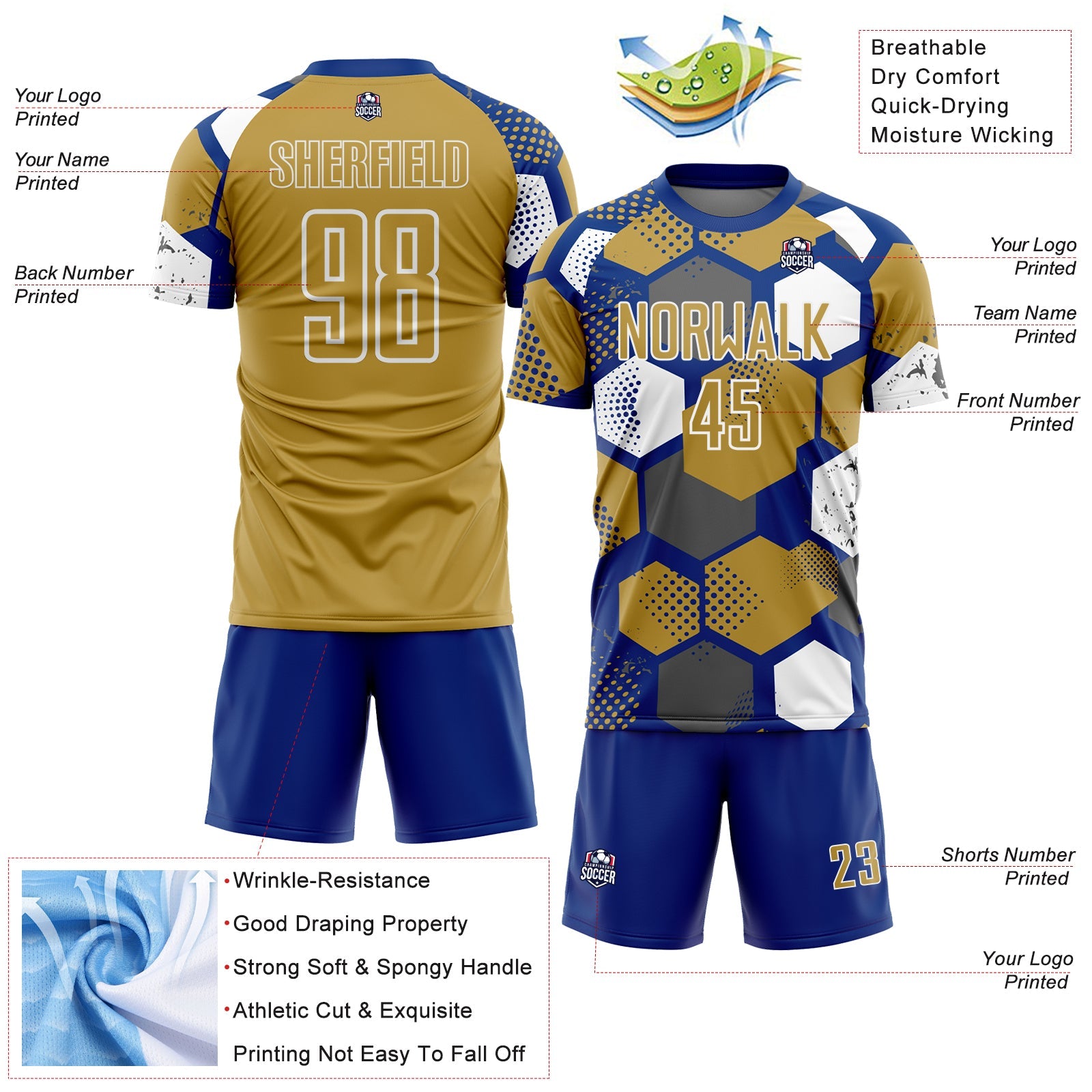 Custom Royal Old Gold-White Geometric Shape Sublimation Soccer Uniform Jersey