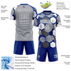 Custom Royal Gray-White Geometric Shape Sublimation Soccer Uniform Jersey