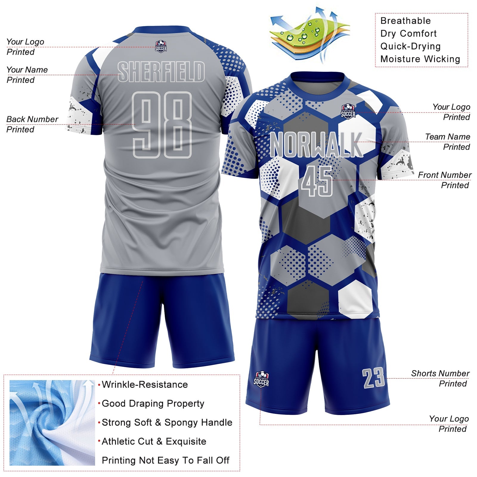 Custom Royal Gray-White Geometric Shape Sublimation Soccer Uniform Jersey