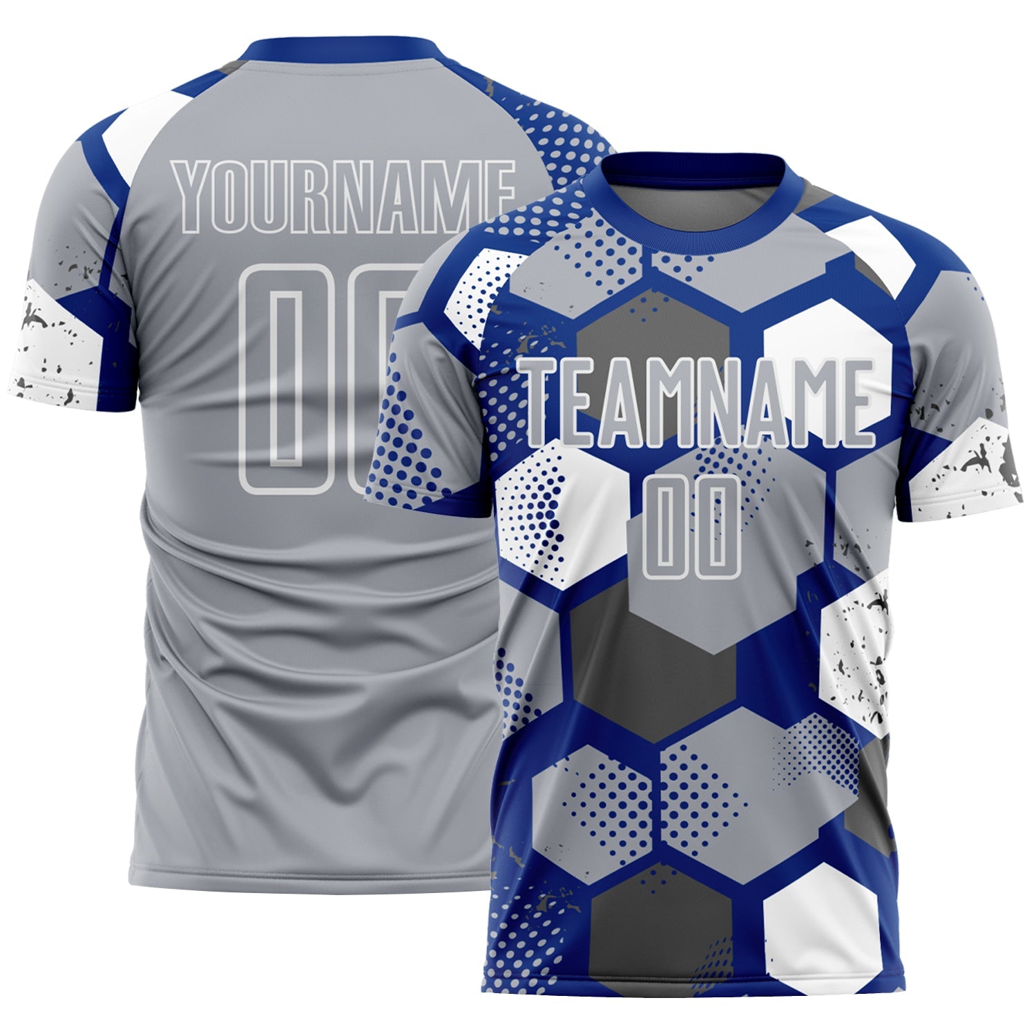 Custom Royal Gray-White Geometric Shape Sublimation Soccer Uniform Jersey
