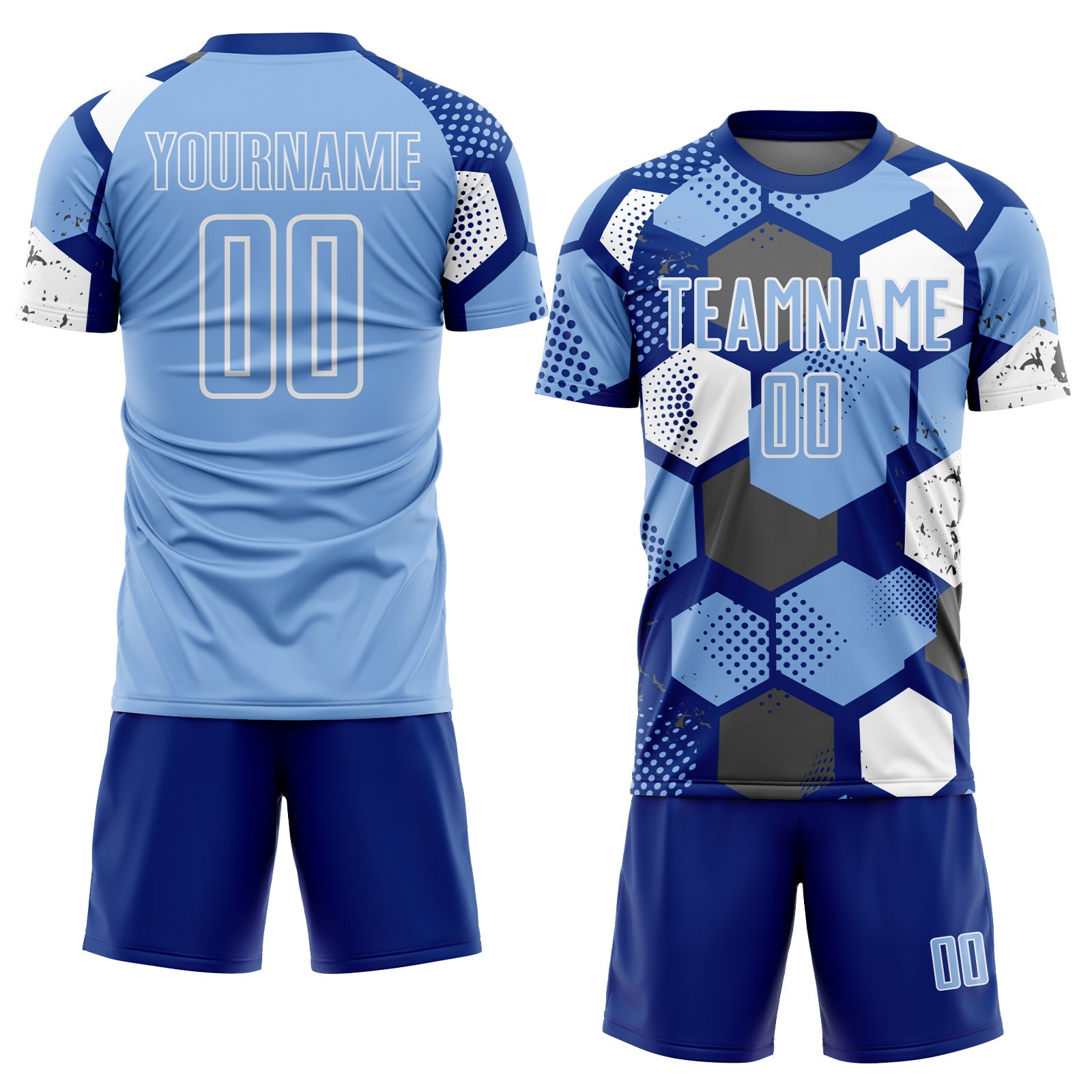 Custom Royal Light Blue-White Geometric Shape Sublimation Soccer Uniform Jersey