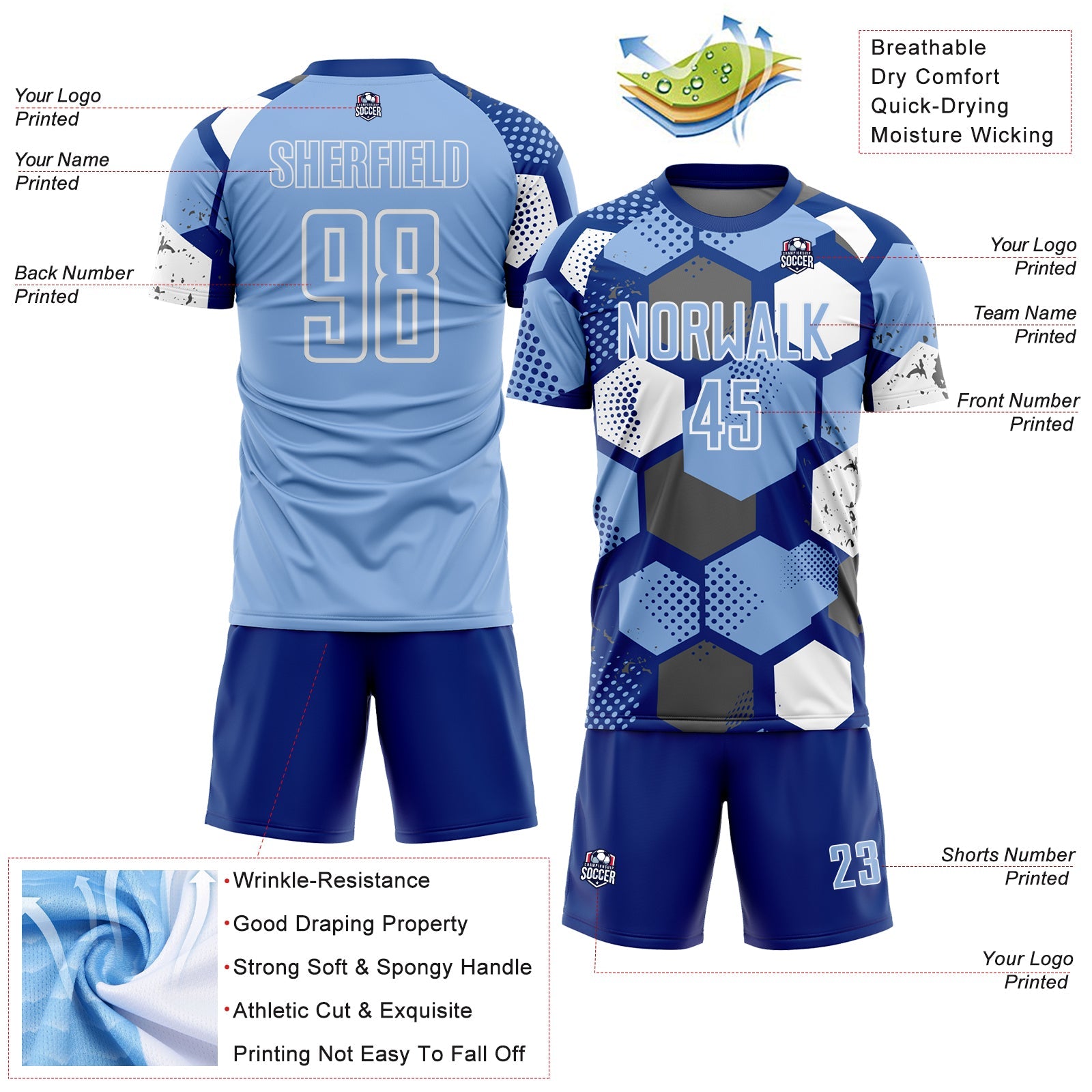 Custom Royal Light Blue-White Geometric Shape Sublimation Soccer Uniform Jersey