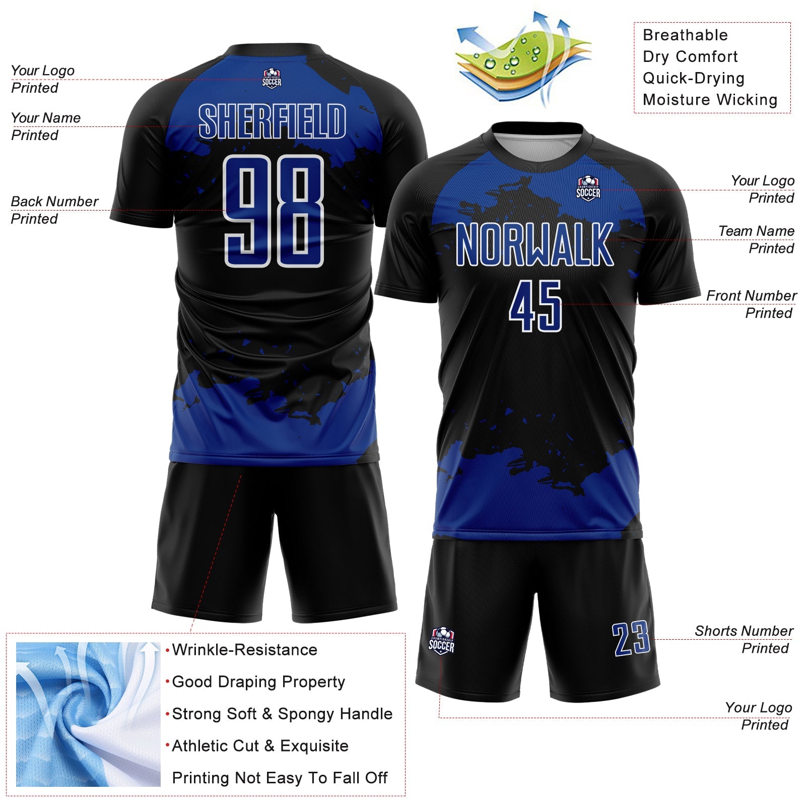 Custom Black Royal-White Abstract Fragment Art Sublimation Soccer Uniform Jersey