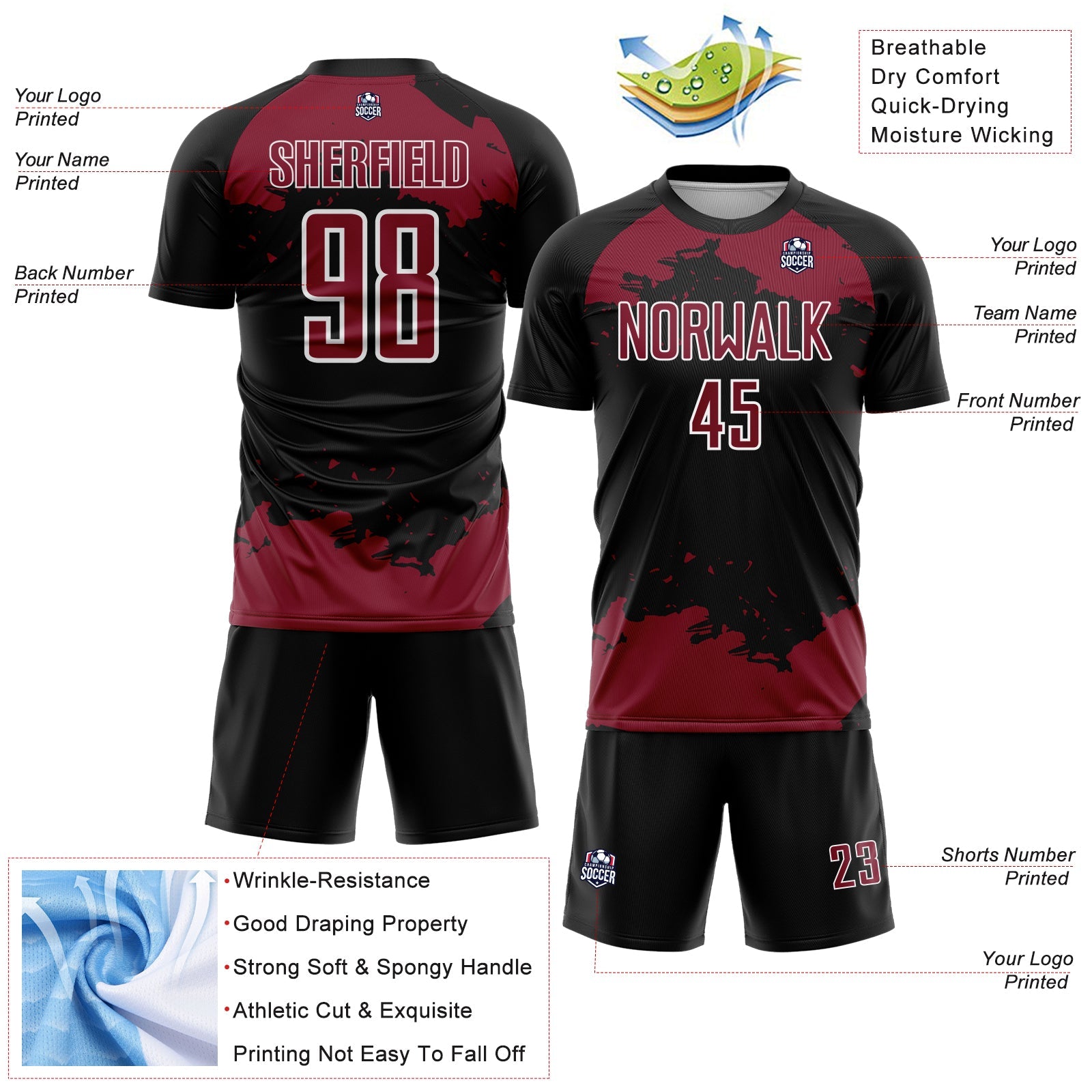 Custom Black Crimson-White Abstract Fragment Art Sublimation Soccer Uniform Jersey