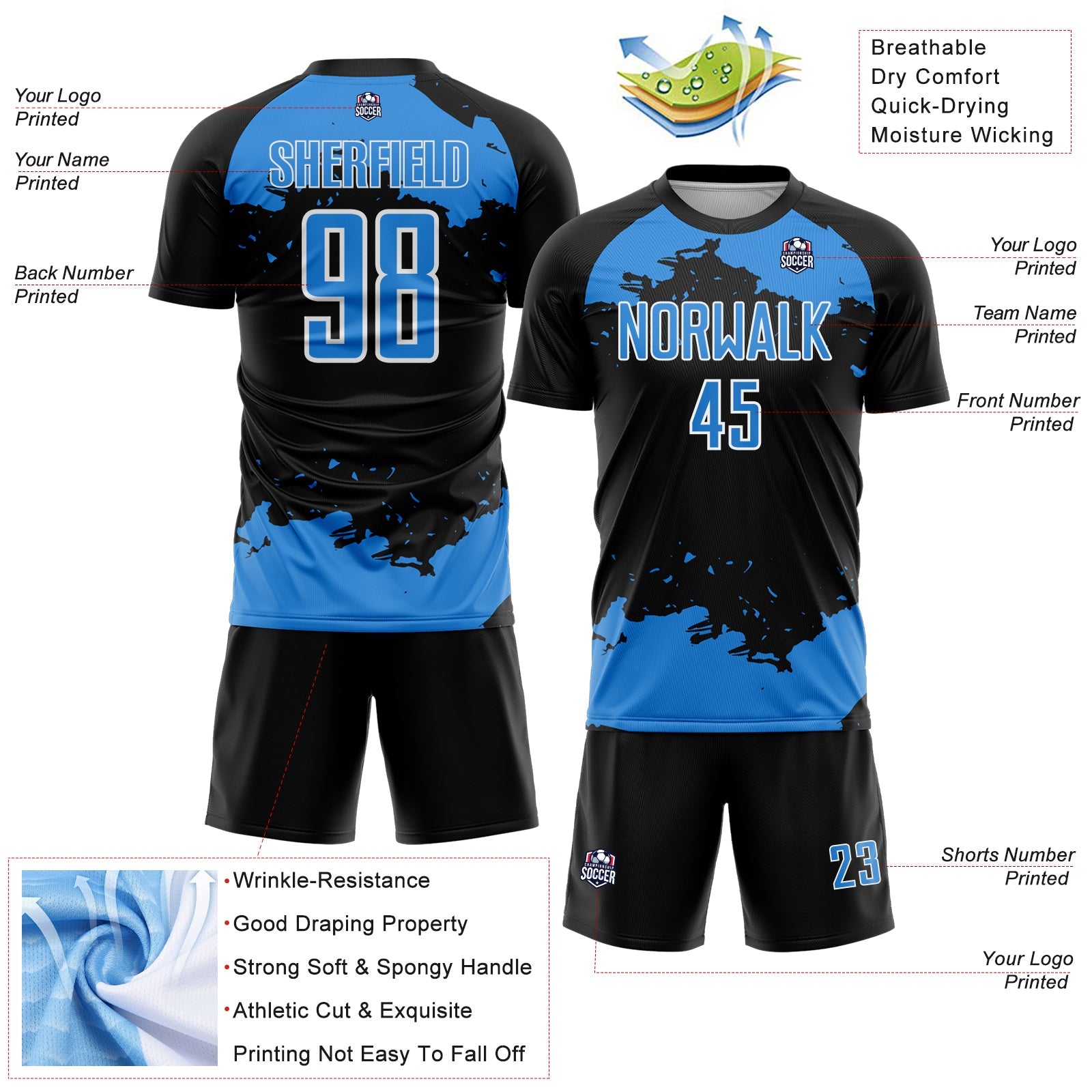 Custom Black Powder Blue-White Abstract Fragment Art Sublimation Soccer Uniform Jersey