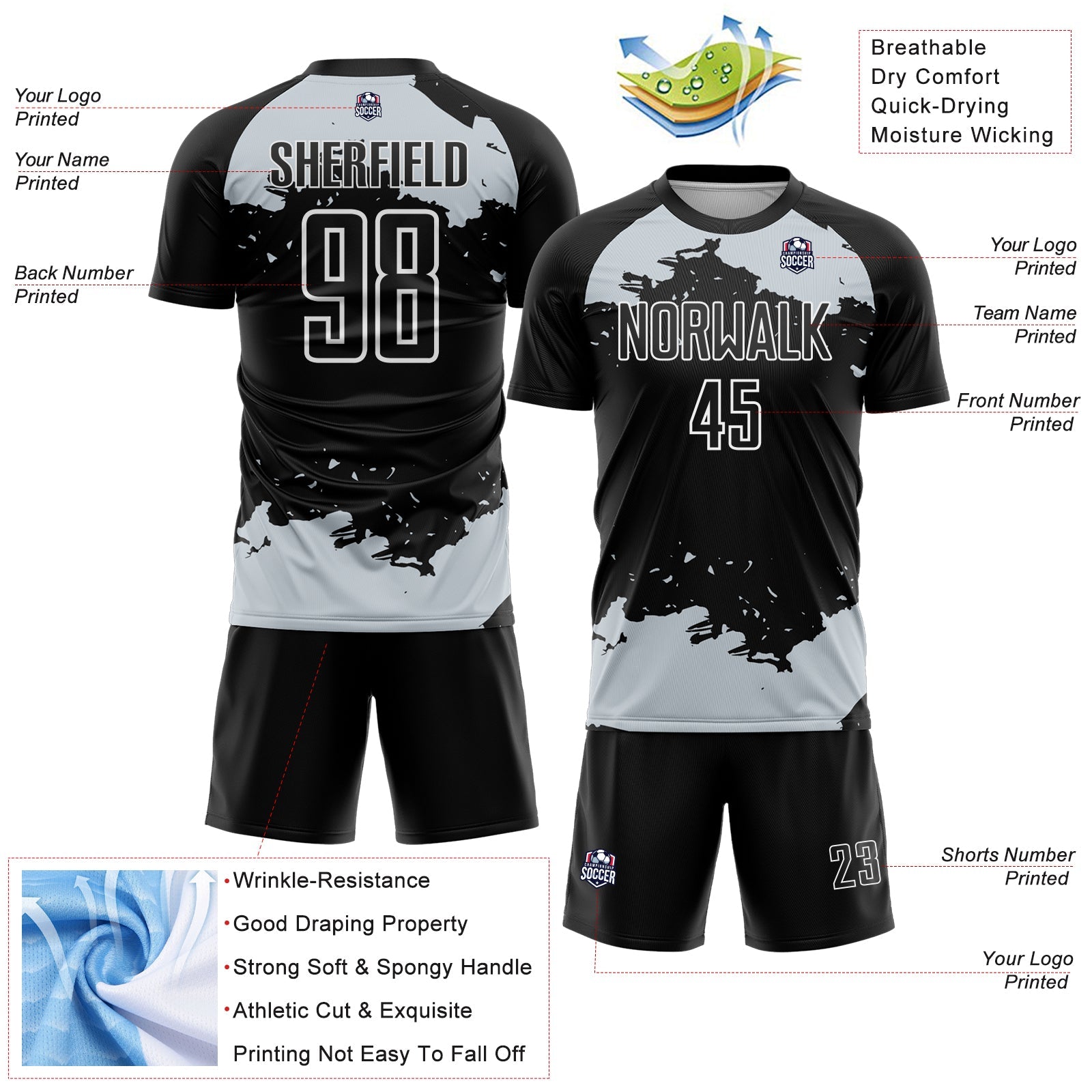 Custom Black Silver-White Abstract Fragment Art Sublimation Soccer Uniform Jersey