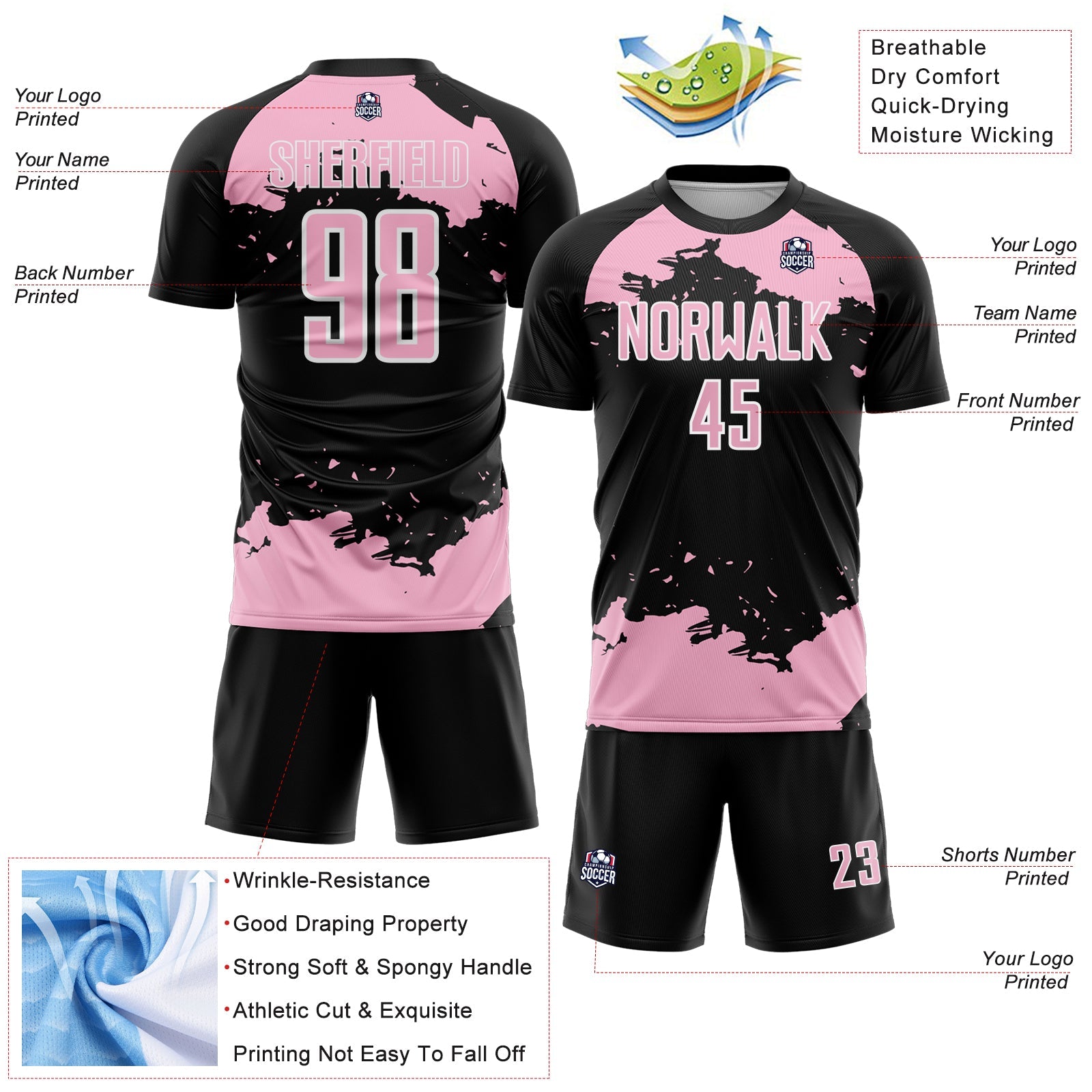 Custom Black Light Pink-White Abstract Fragment Art Sublimation Soccer Uniform Jersey