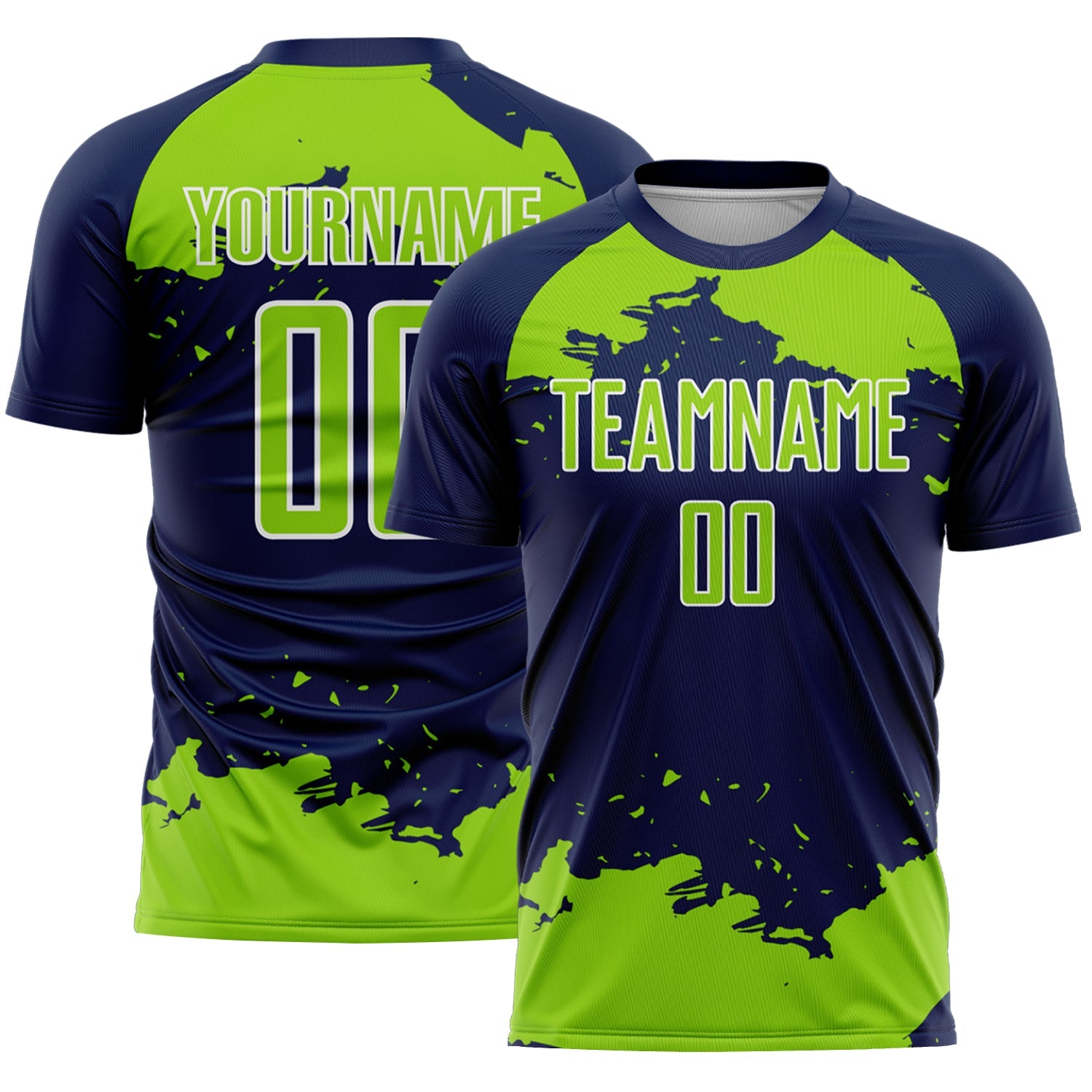 Custom Navy Neon Green-White Abstract Fragment Art Sublimation Soccer Uniform Jersey