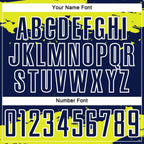 Custom Navy Neon Yellow-White Abstract Fragment Art Sublimation Soccer Uniform Jersey