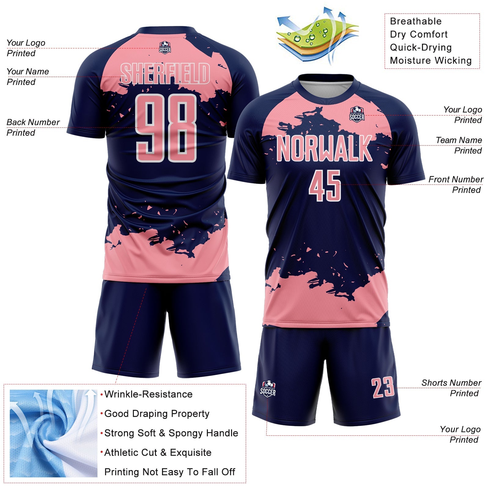 Custom Navy Medium Pink-White Abstract Fragment Art Sublimation Soccer Uniform Jersey