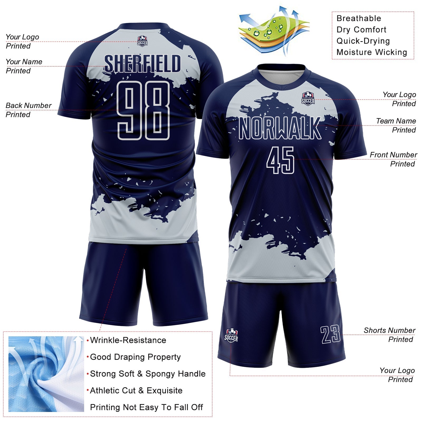 Custom Navy Silver-White Abstract Fragment Art Sublimation Soccer Uniform Jersey