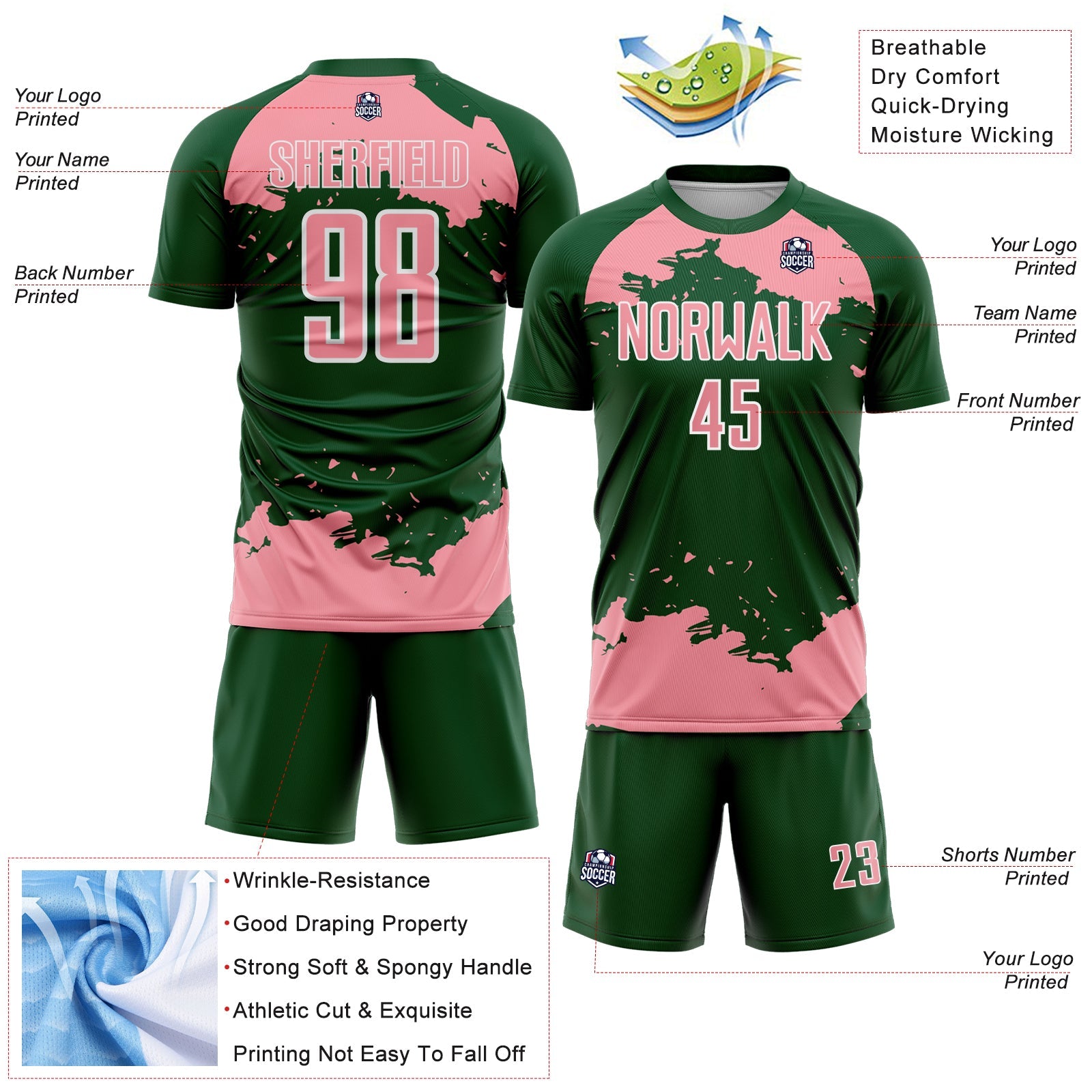 Custom Green Medium Pink-White Abstract Fragment Art Sublimation Soccer Uniform Jersey